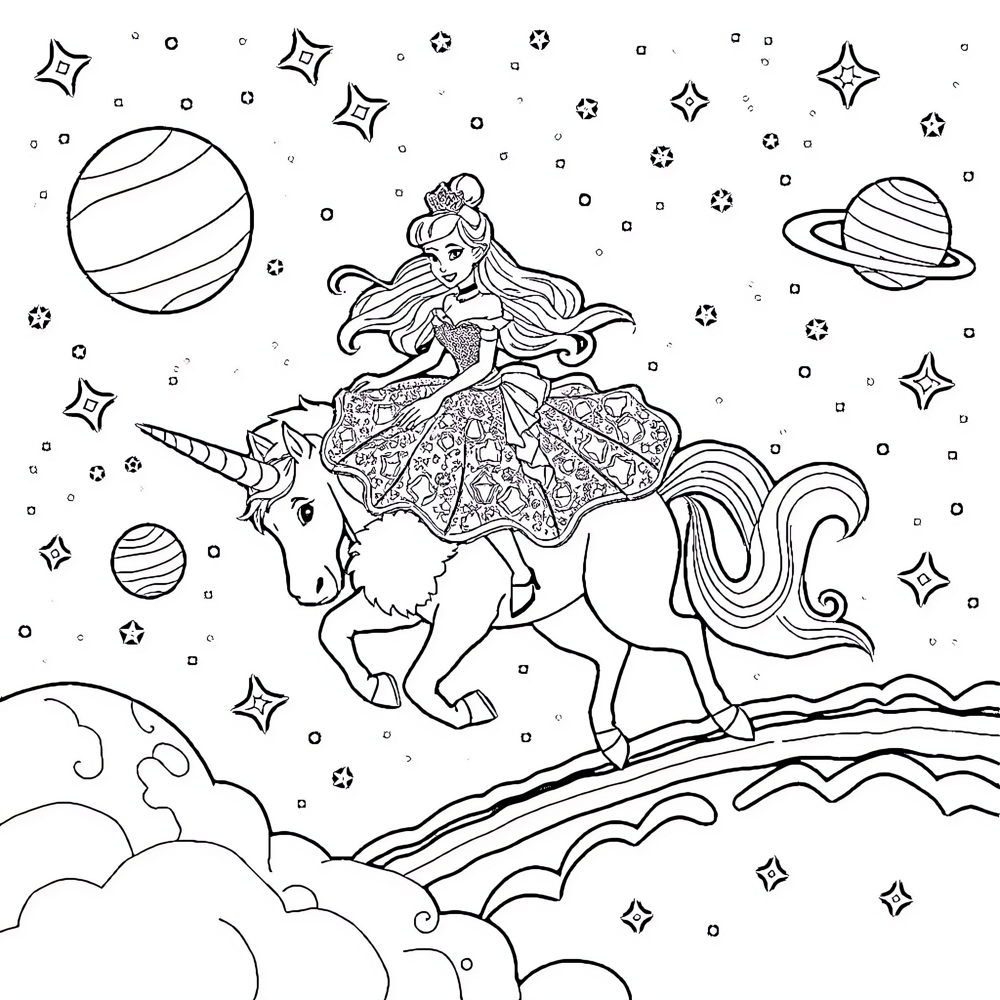 Cinderella's Celestial Enchantment: Riding a Unicorn Among the Stars Coloring Page (free black-and-white line drawing printable PDF for all, from beginners to advanced learners, including children, teens, adults, and seniors)