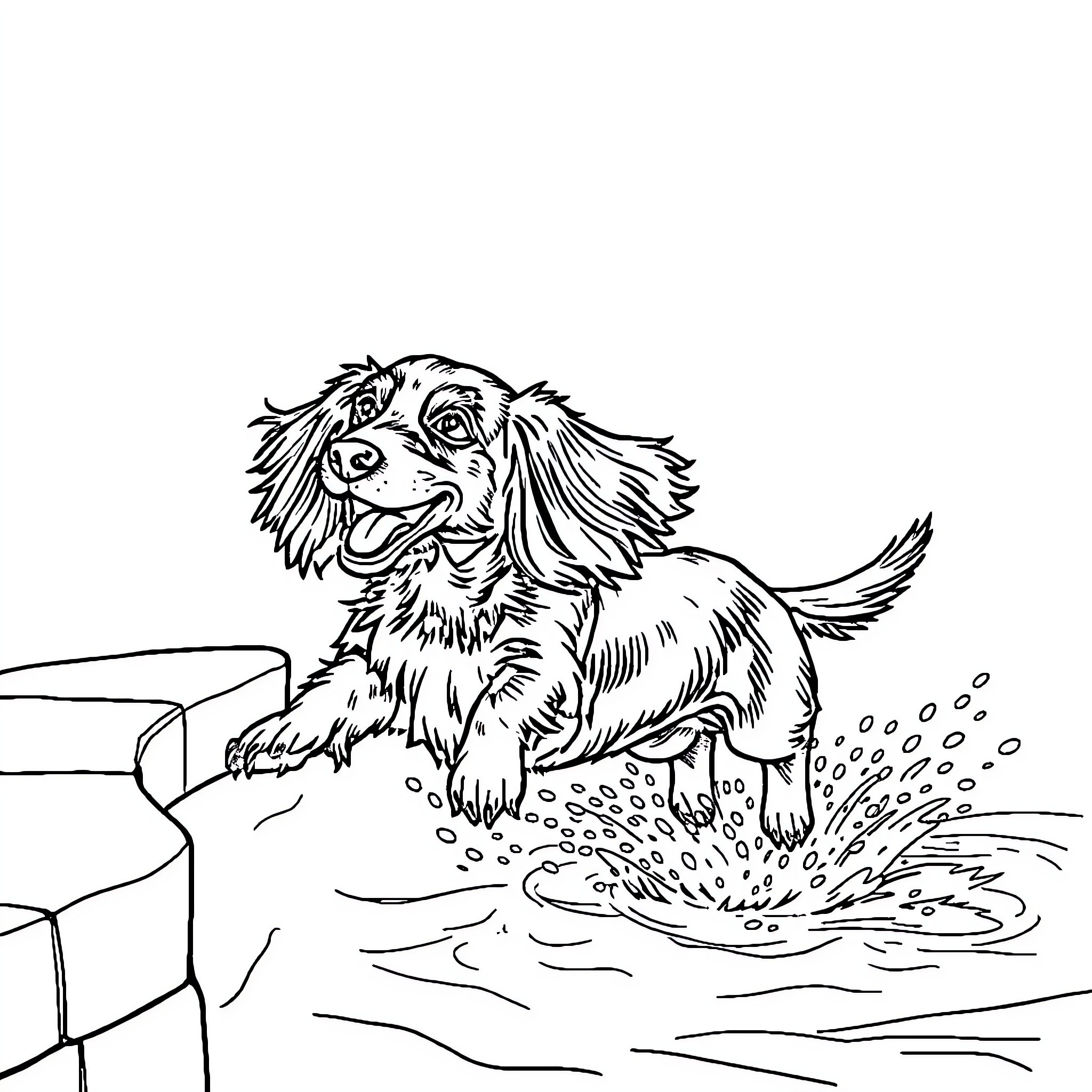 Dachshund splashing happily in water Coloring Page (free black-and-white line drawing printable PDF for all, from beginners to advanced learners, including children, teens, adults, and seniors)