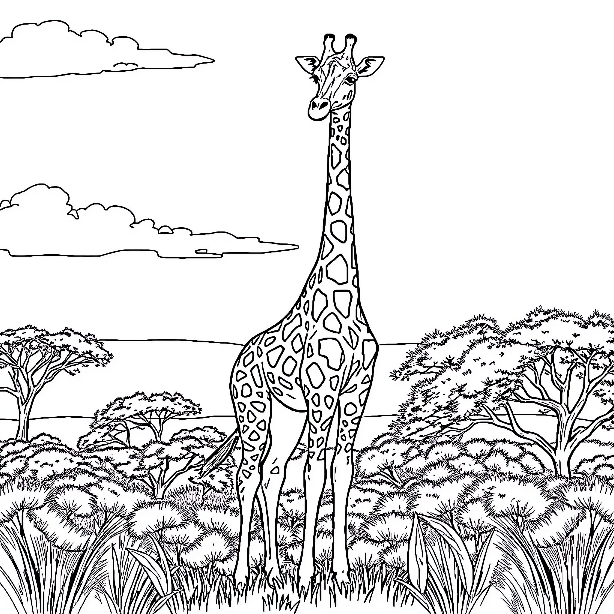 Giraffe standing tall in the African wilderness Coloring Page (free black-and-white line drawing printable PDF for all, from beginners to advanced learners, including children, teens, adults, and seniors)
