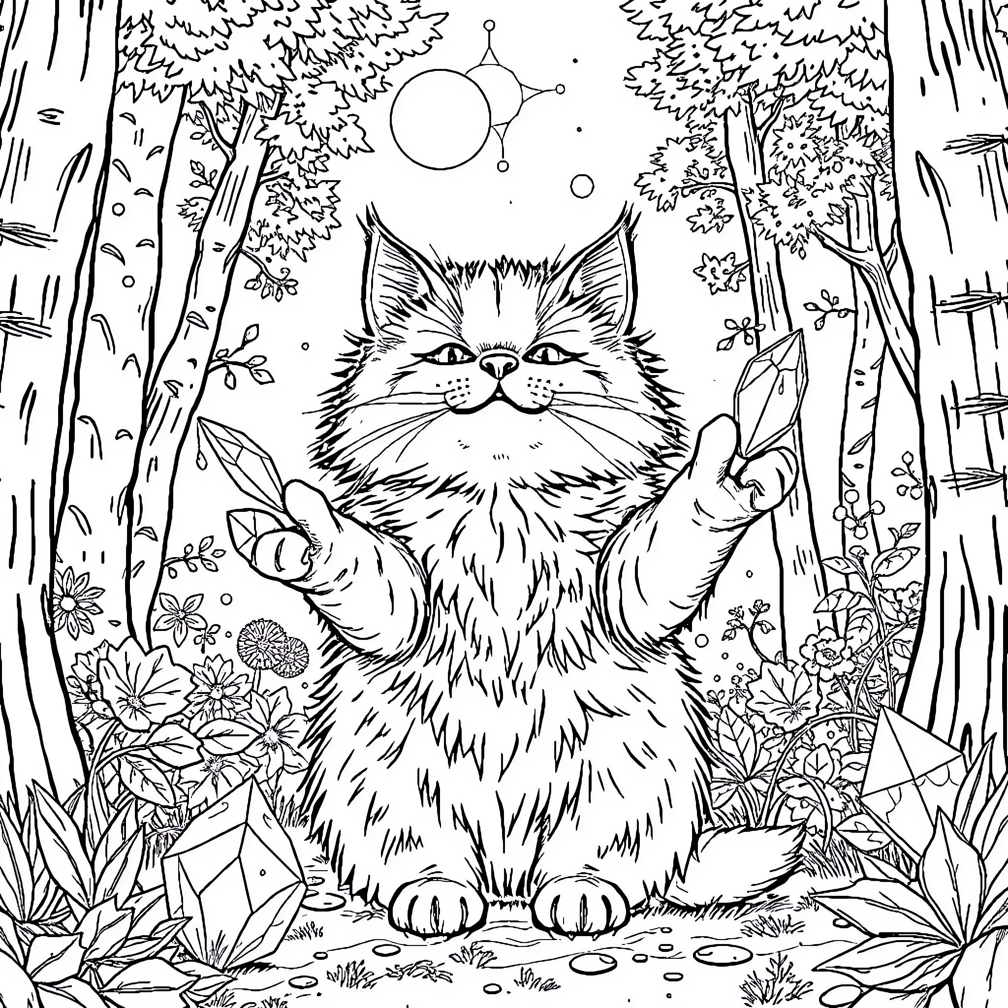 Cat in Enchanted Forest Coloring Page (free black-and-white line drawing printable PDF for all, from beginners to advanced learners, including children, teens, adults, and seniors)