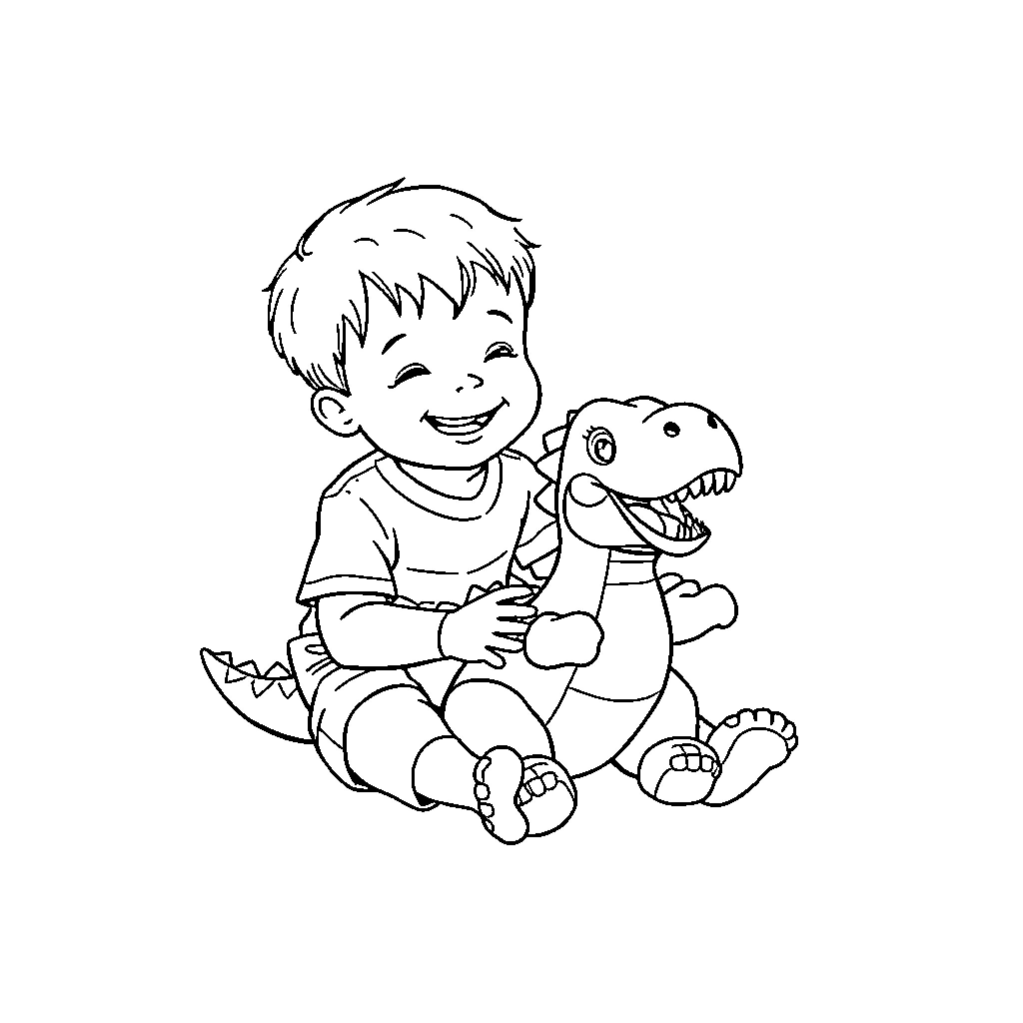 Boy playing joyfully with his toy dinosaur Coloring Page (free black-and-white line drawing printable PDF for all, from beginners to advanced learners, including children, teens, adults, and seniors)