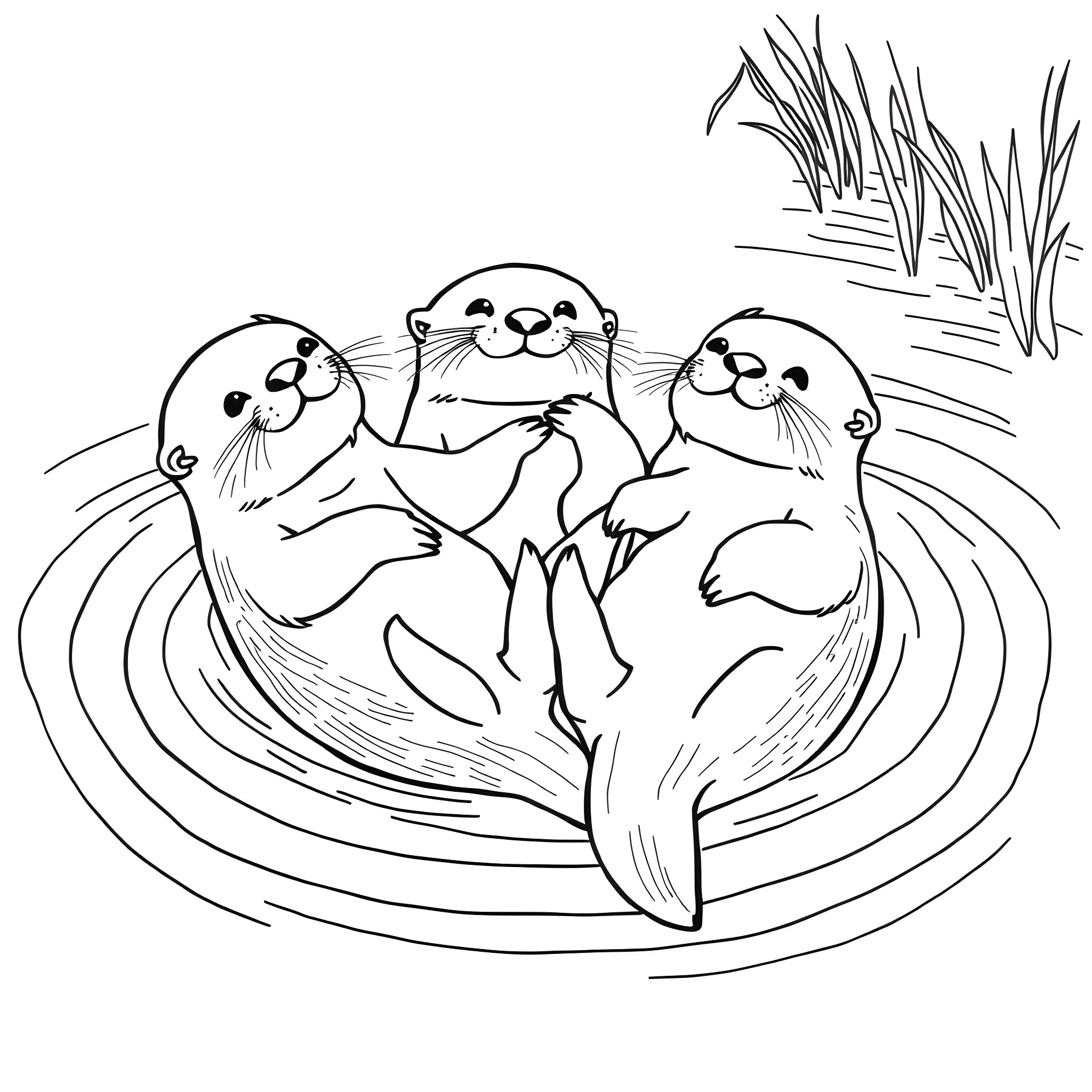 Otter family floating together in the water Coloring Page (free black-and-white line drawing printable PDF for all, from beginners to advanced learners, including children, teens, adults, and seniors)
