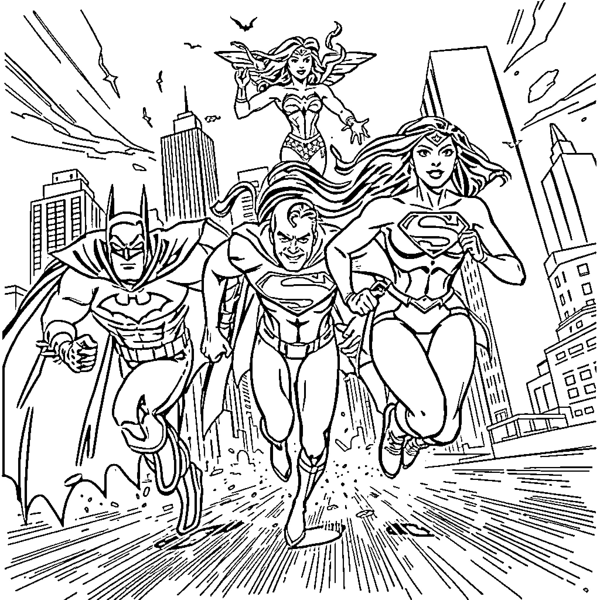 Wonder Woman and Justice League heroes in action Coloring Page (free black-and-white line drawing printable PDF for all, from beginners to advanced learners, including children, teens, adults, and seniors)