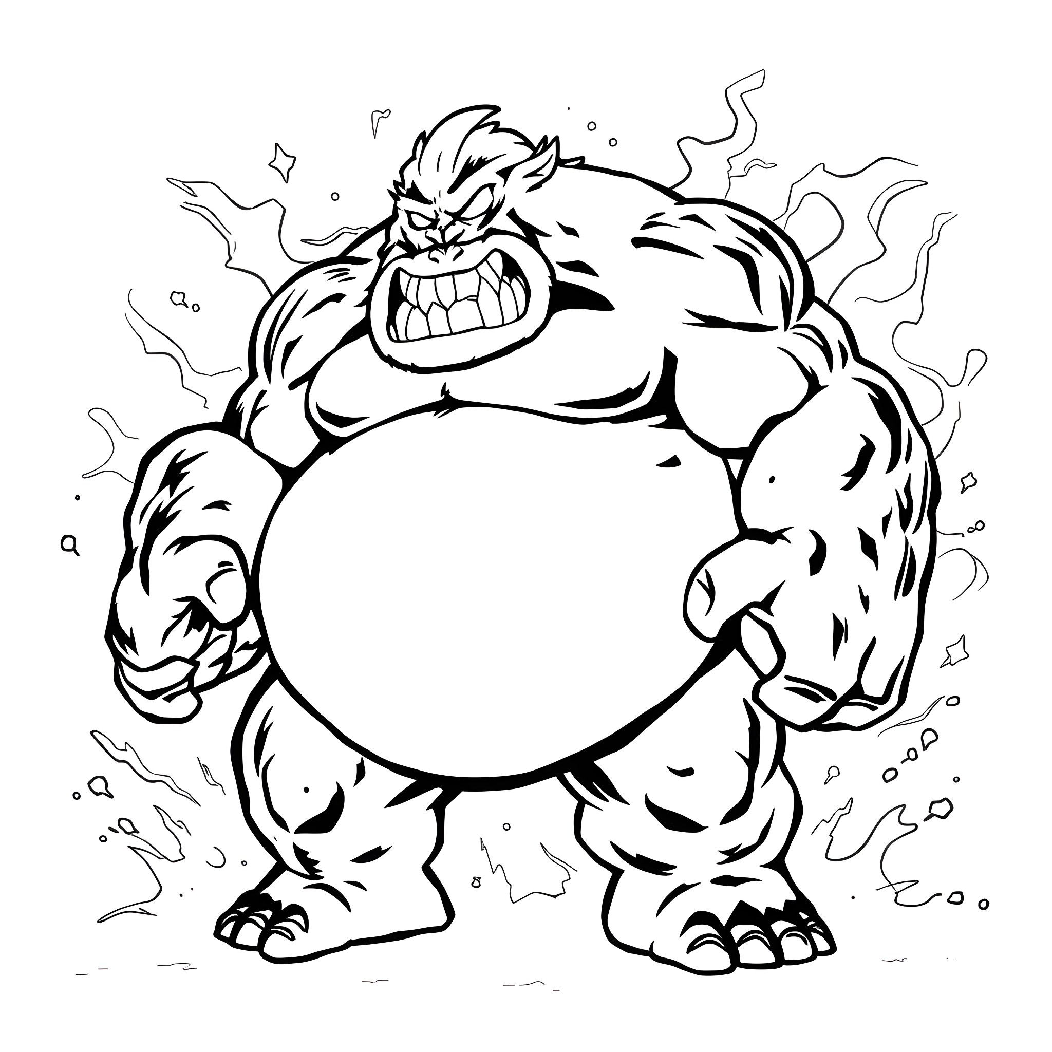 Blob monster angrily growling with clenched fists Coloring Page (free black-and-white line drawing printable PDF for all, from beginners to advanced learners, including children, teens, adults, and seniors)