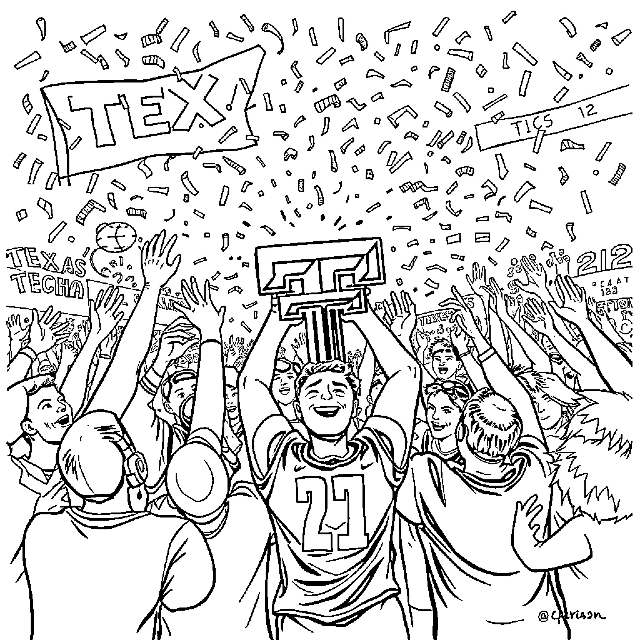 Texas Tech fans celebrating enthusiastically at a game Coloring Page (free black-and-white line drawing printable PDF for all, from beginners to advanced learners, including children, teens, adults, and seniors)