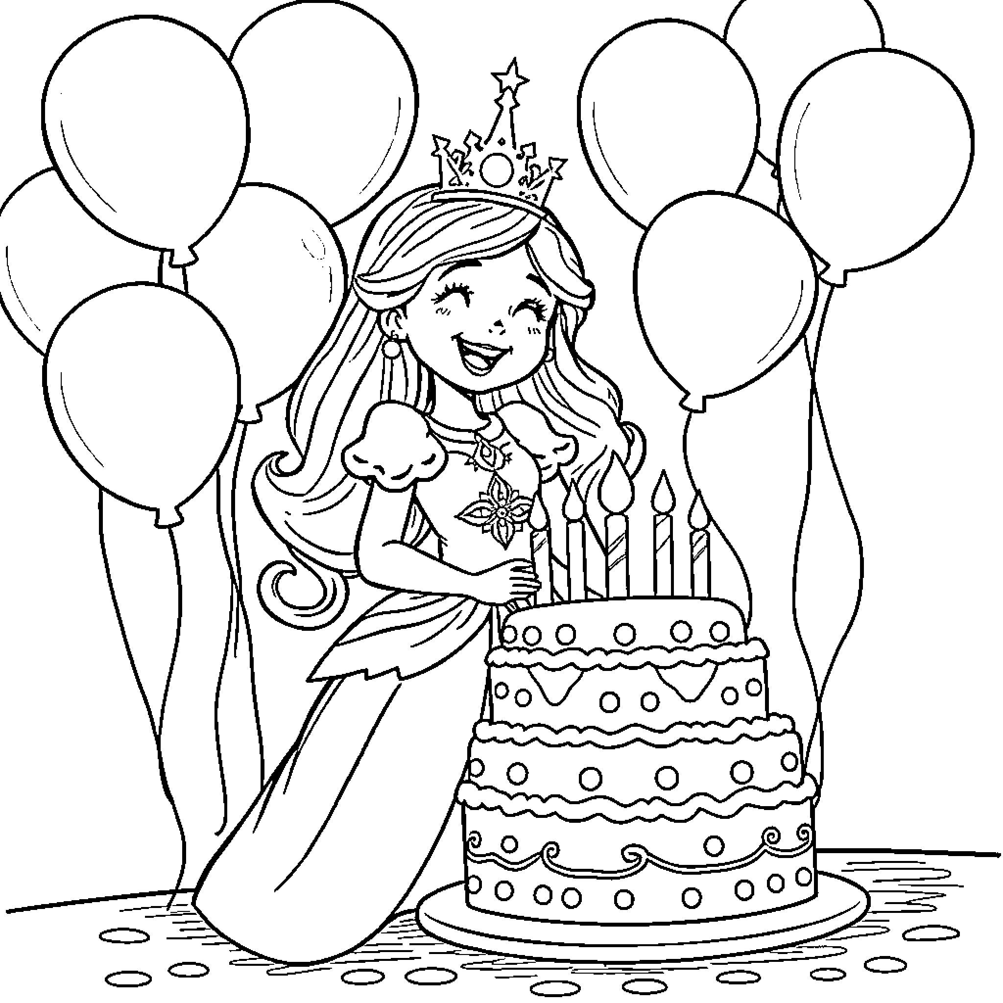 Princess Celebrates Birthday with Cake and Balloons Coloring Page (free black-and-white line drawing printable PDF for all, from beginners to advanced learners, including children, teens, adults, and seniors)