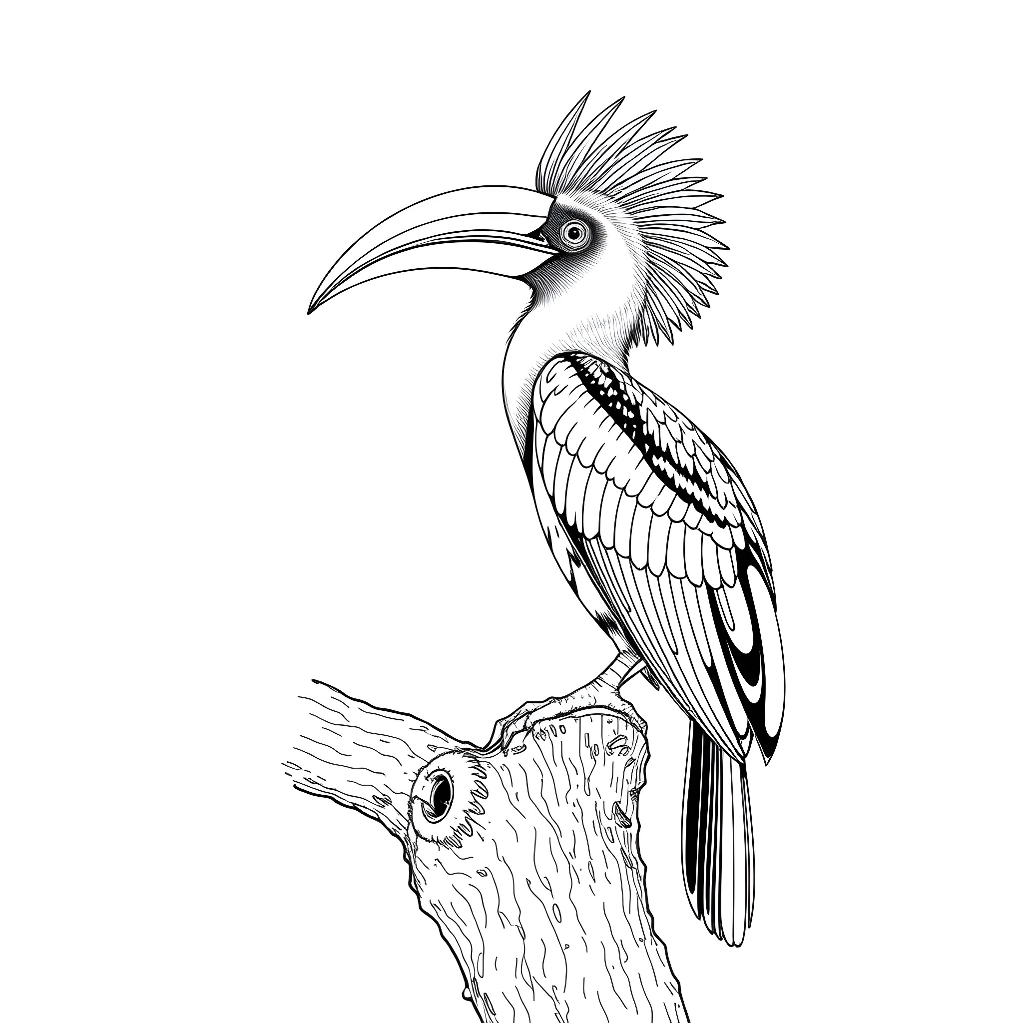 Hornbill perched on wooden branch Coloring Page (free black-and-white line drawing printable PDF for all, from beginners to advanced learners, including children, teens, adults, and seniors)