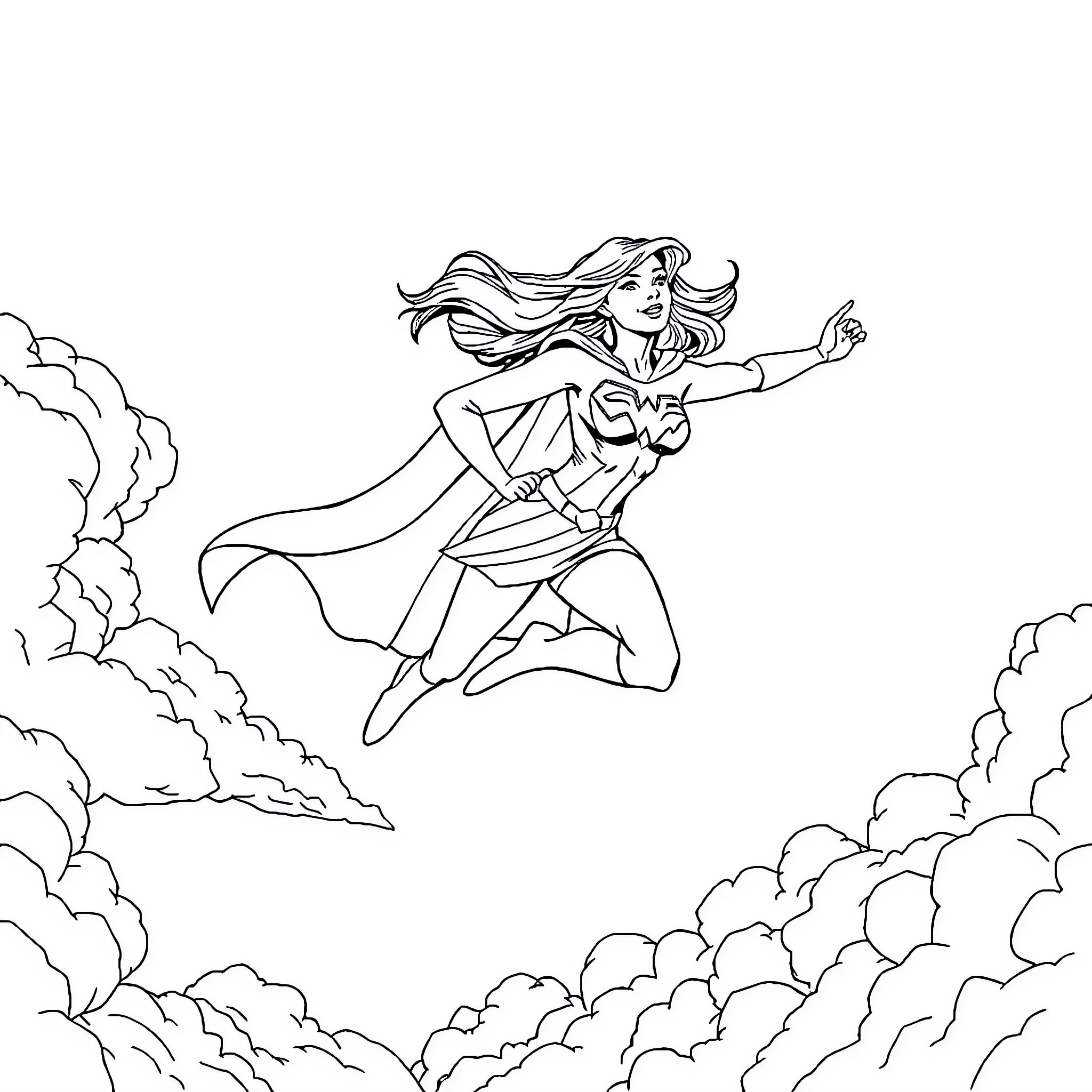 Super Woman soaring through the clouds with determination Coloring Page (free black-and-white line drawing printable PDF for all, from beginners to advanced learners, including children, teens, adults, and seniors)