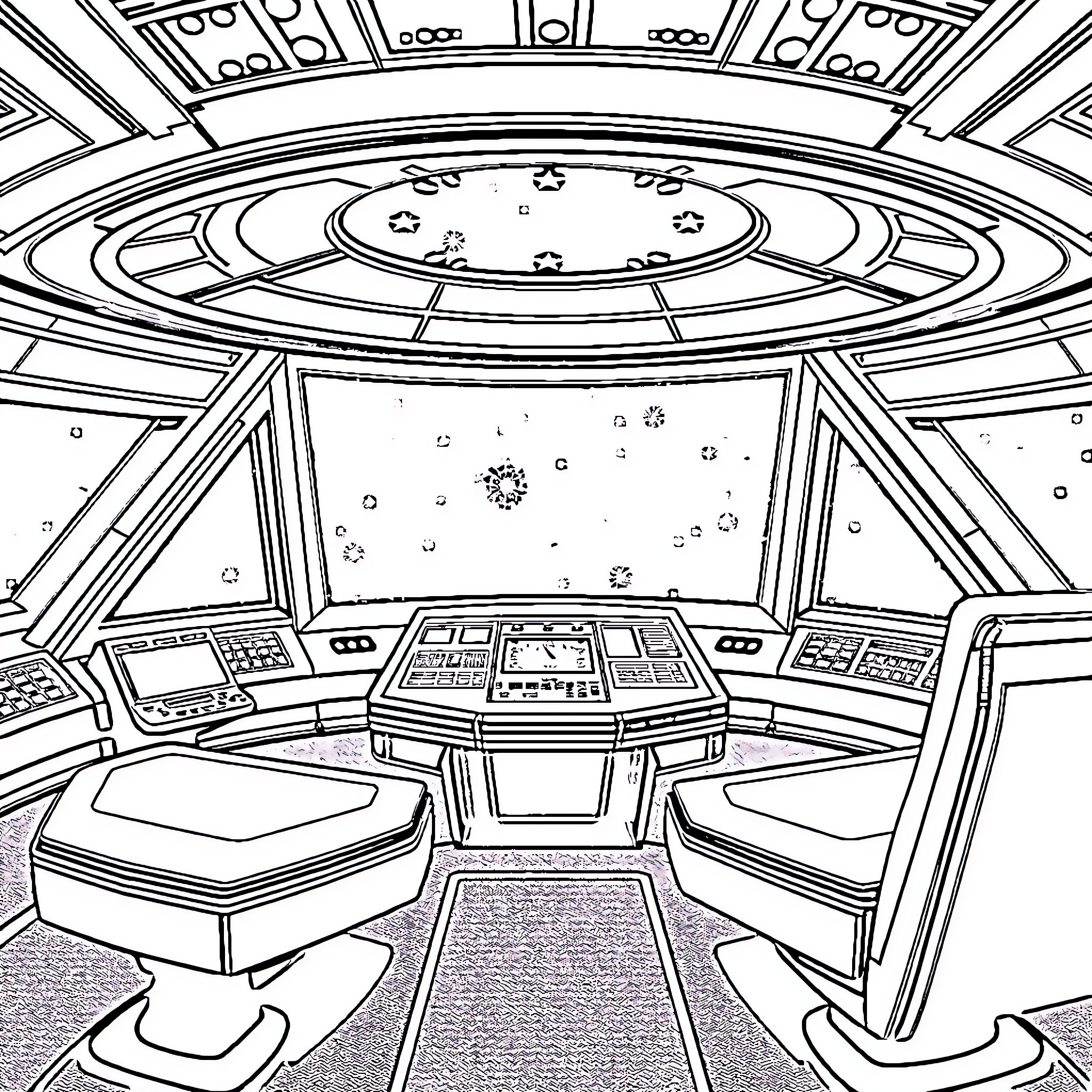 Star Trek Spaceship Interior with Control Panels Coloring Page (free black-and-white line drawing printable PDF for all, from beginners to advanced learners, including children, teens, adults, and seniors)