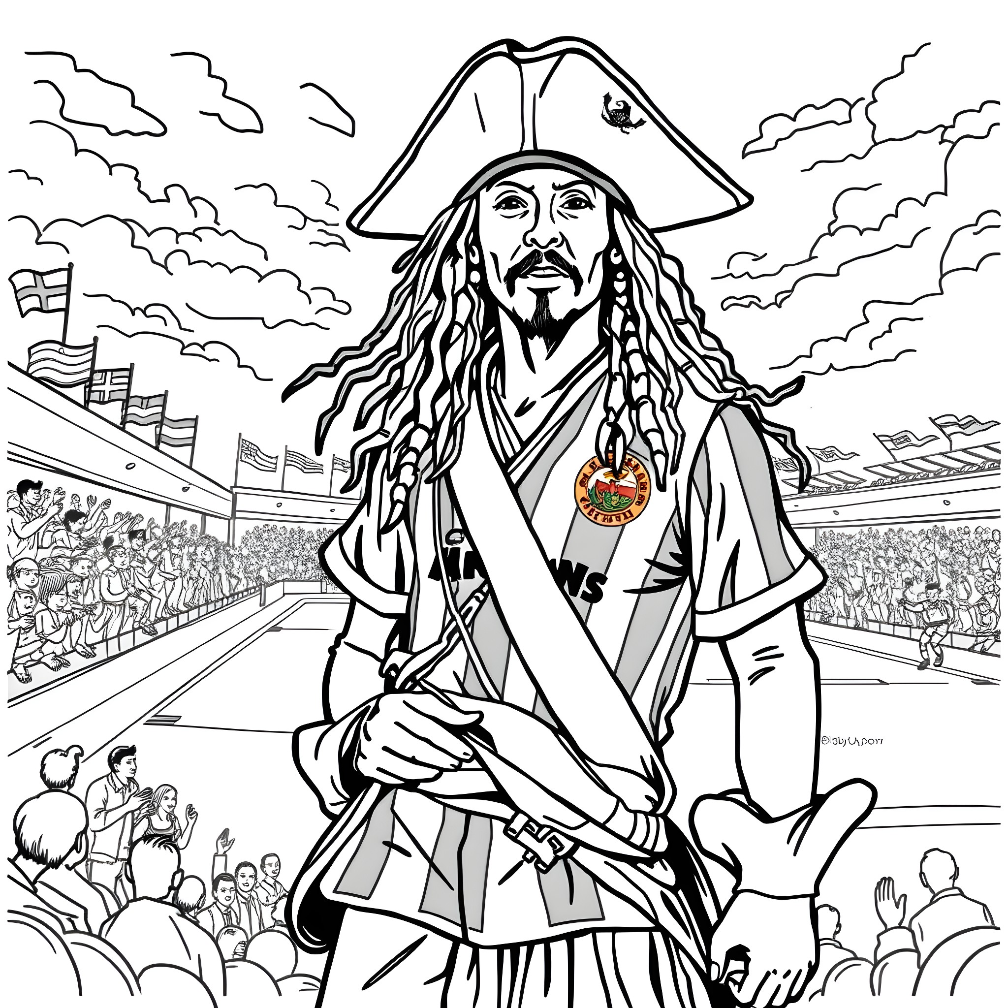 Jack Sparrow leading a pirate crew in a dramatic scene Coloring Page (free black-and-white line drawing printable PDF for all, from beginners to advanced learners, including children, teens, adults, and seniors)