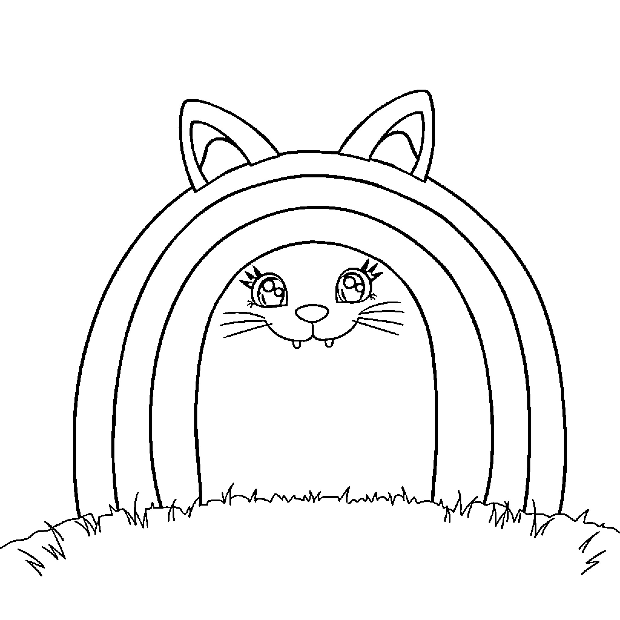 Rainbow Cat Peeks Through Grass Coloring Page (free black-and-white line drawing printable PDF for all, from beginners to advanced learners, including children, teens, adults, and seniors)