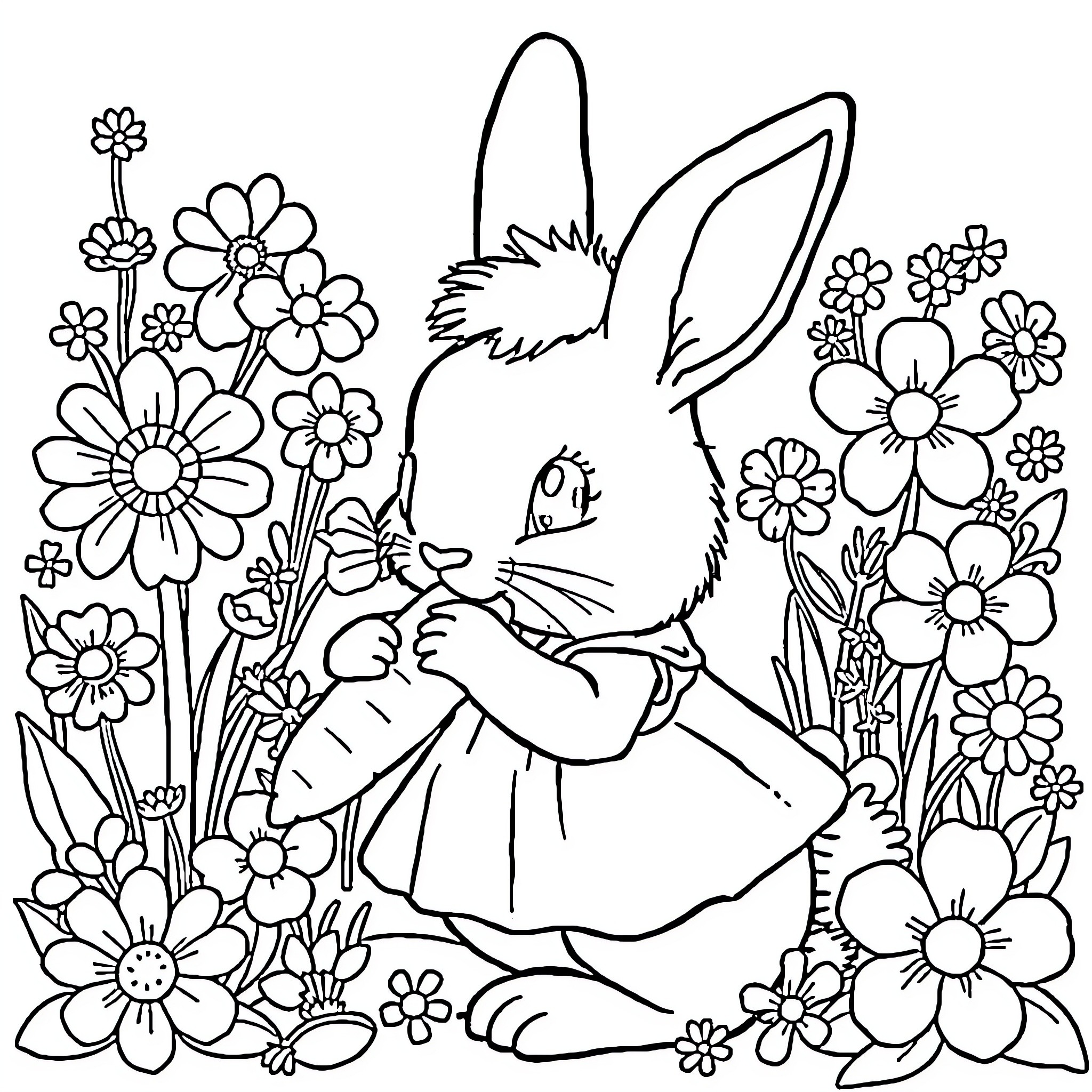 Bunny surrounded by beautiful flowers Coloring Page (free black-and-white line drawing printable PDF for all, from beginners to advanced learners, including children, teens, adults, and seniors)