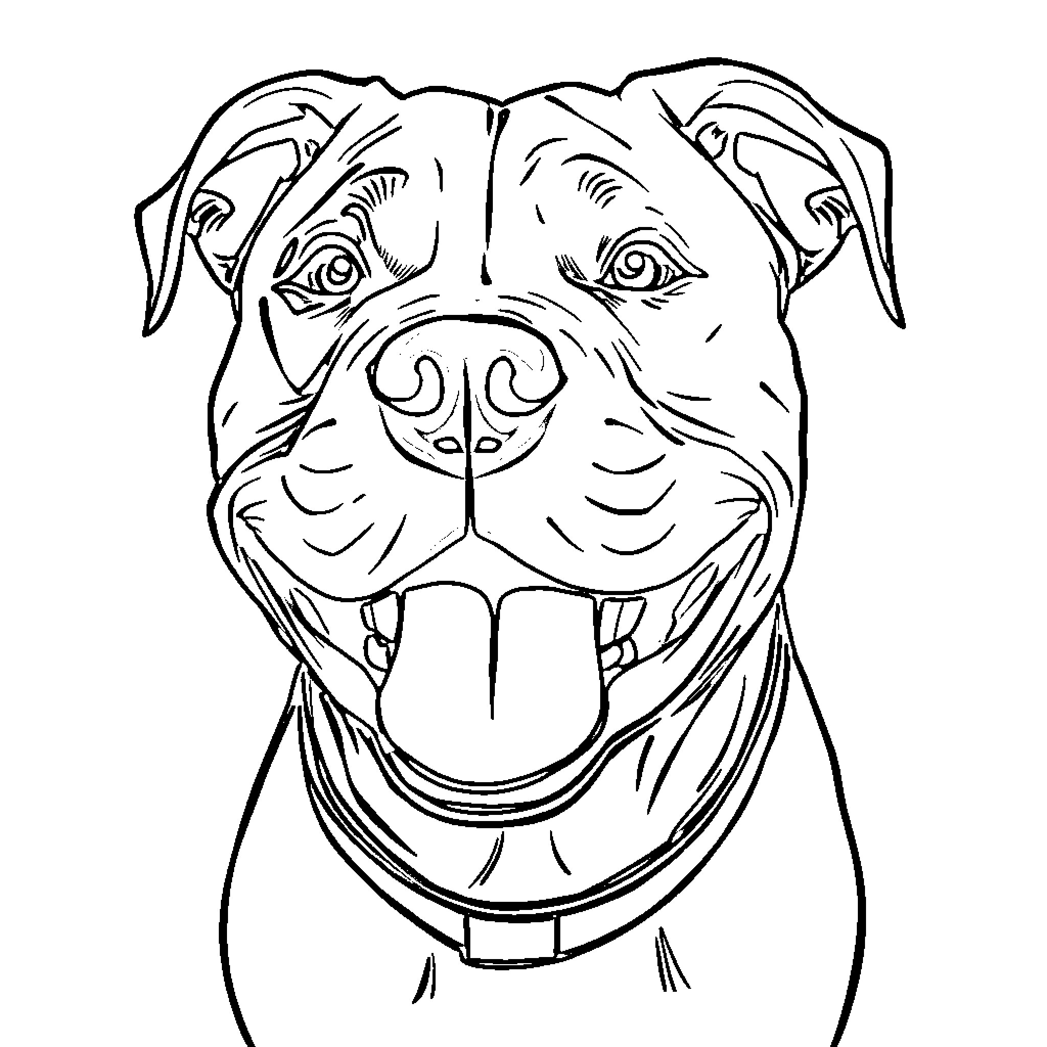 Pit Bull with Friendly Facial Expression Coloring Page (free black-and-white line drawing printable PDF for all, from beginners to advanced learners, including children, teens, adults, and seniors)
