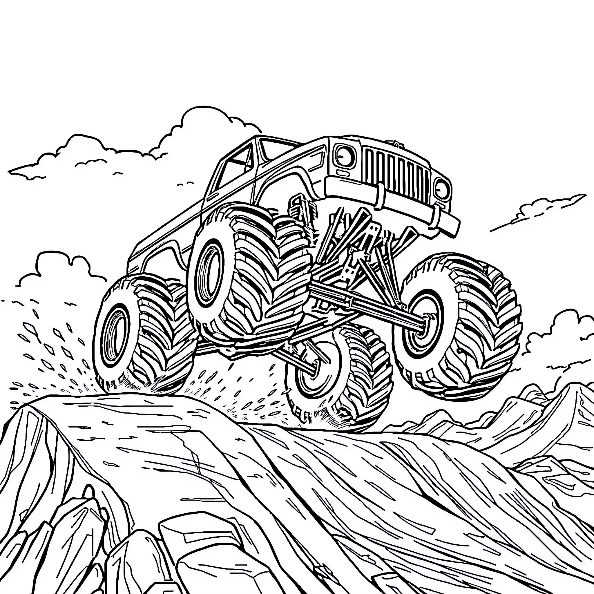 Monster Truck Conquering Rugged Terrain Coloring Page (free black-and-white line drawing printable PDF for all, from beginners to advanced learners, including children, teens, adults, and seniors)