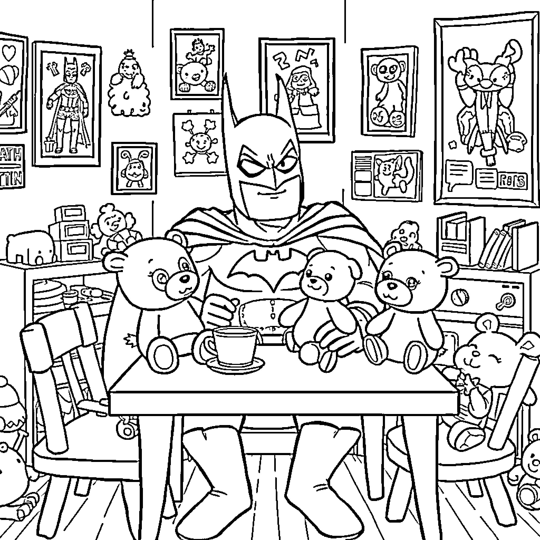Batman Enjoying Tea Time with Plush Toys in Art Studio Coloring Page (free black-and-white line drawing printable PDF for all, from beginners to advanced learners, including children, teens, adults, and seniors)