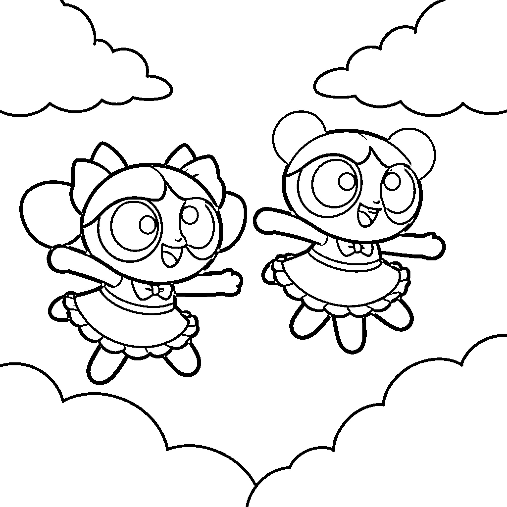 Powerpuff Girls in playful antics Coloring Page (free black-and-white line drawing printable PDF for all, from beginners to advanced learners, including children, teens, adults, and seniors)