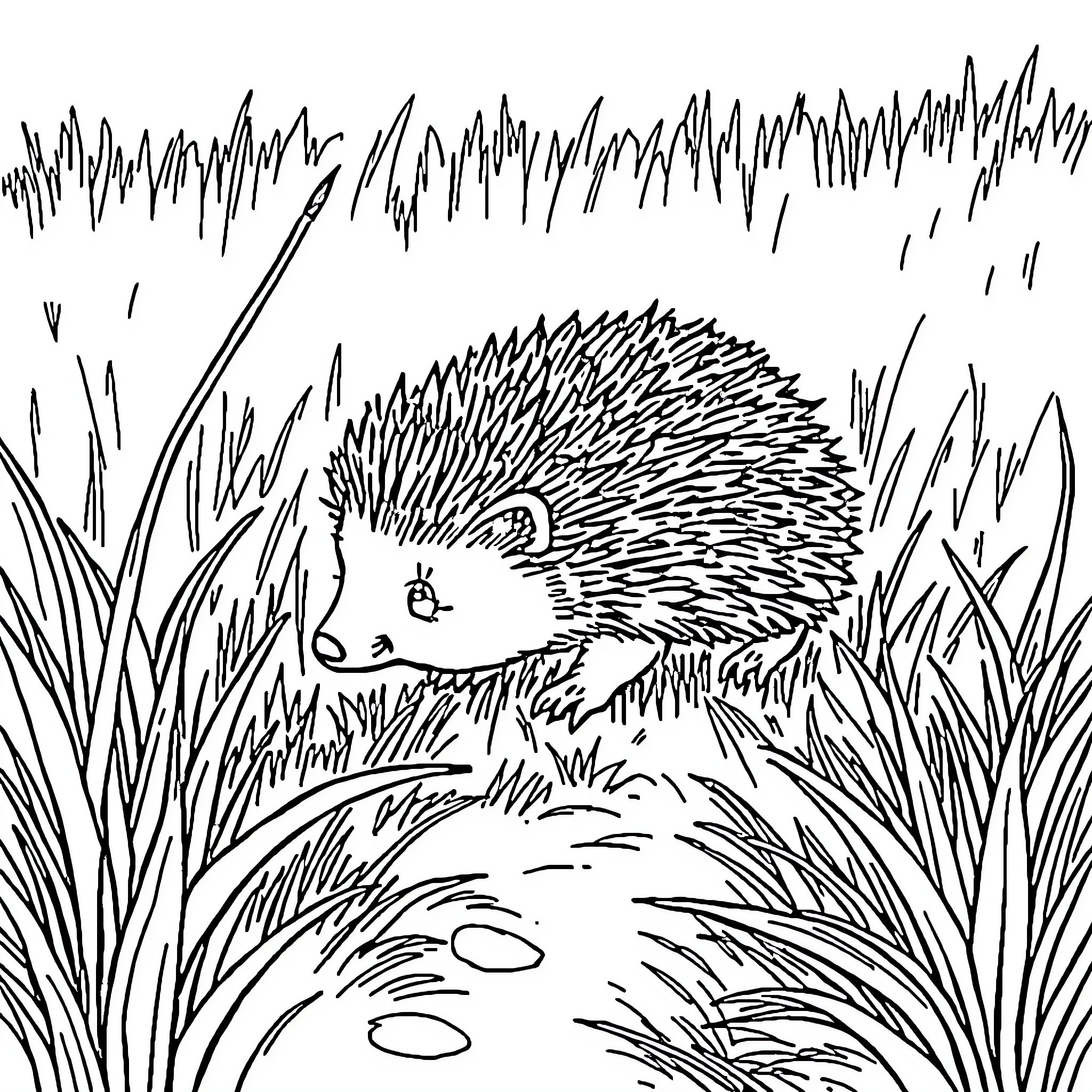 Hedgehog exploring the grassy meadow Coloring Page (free black-and-white line drawing printable PDF for all, from beginners to advanced learners, including children, teens, adults, and seniors)