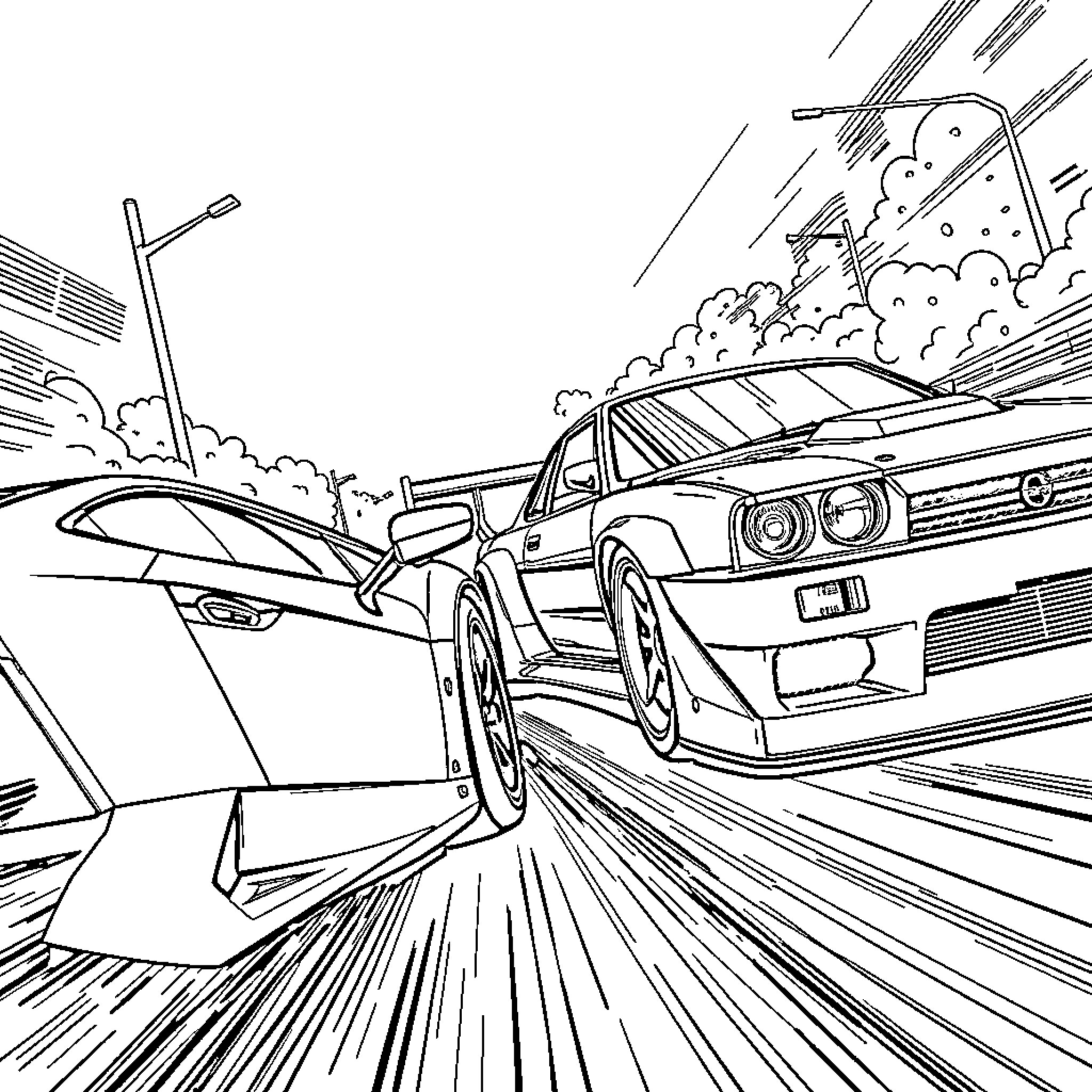 Lamborghini racing at high speed through the streets Coloring Page (free black-and-white line drawing printable PDF for all, from beginners to advanced learners, including children, teens, adults, and seniors)