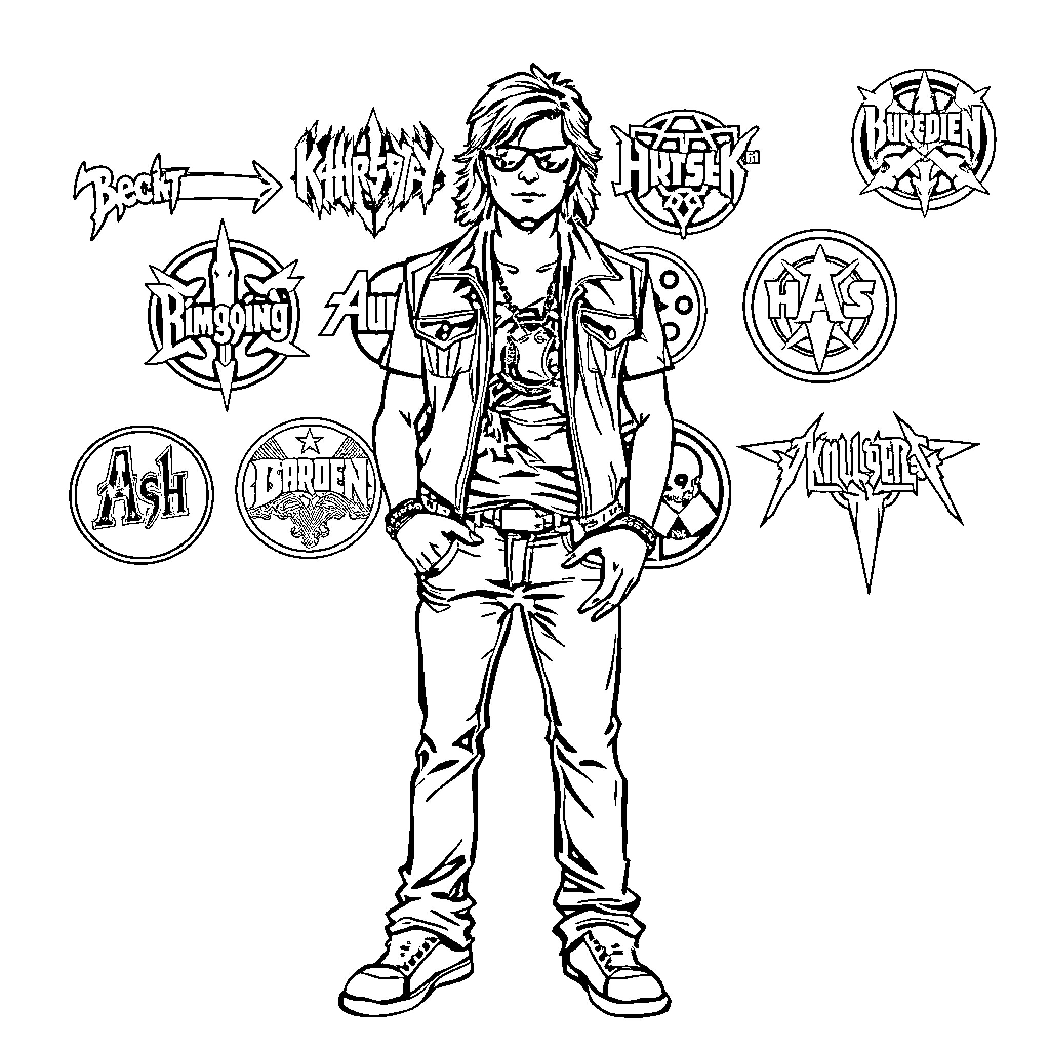 Daniel Ash's Punk Rock Persona Coloring Page (free black-and-white line drawing printable PDF for all, from beginners to advanced learners, including children, teens, adults, and seniors)
