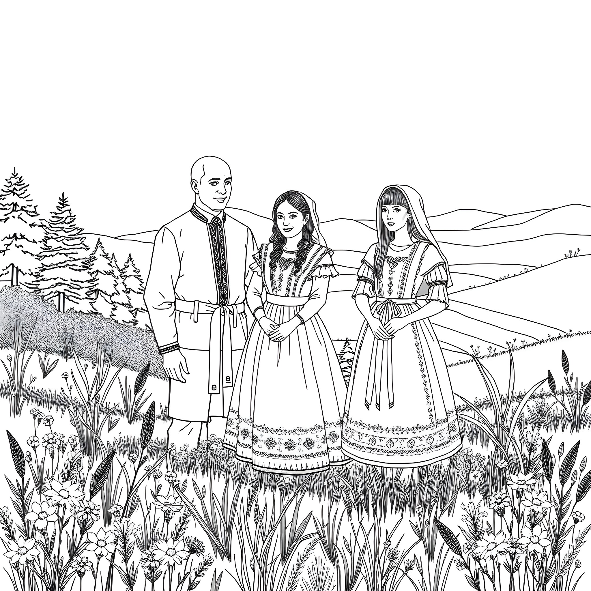Clothing: Family portrait in a pastoral setting Coloring Page (free black-and-white line drawing printable PDF for all, from beginners to advanced learners, including children, teens, adults, and seniors)
