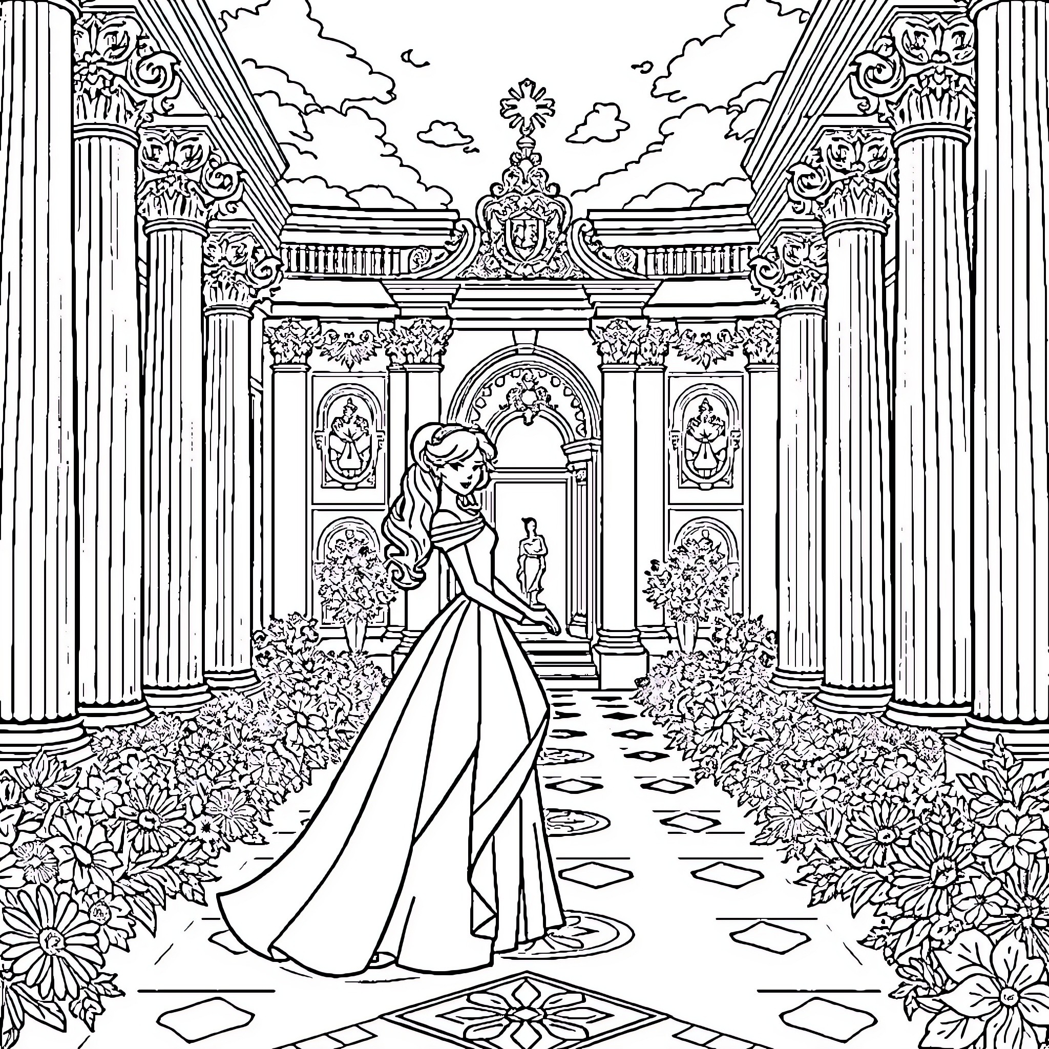 Princess strolling through ornate palace gardens Coloring Page (free black-and-white line drawing printable PDF for all, from beginners to advanced learners, including children, teens, adults, and seniors)