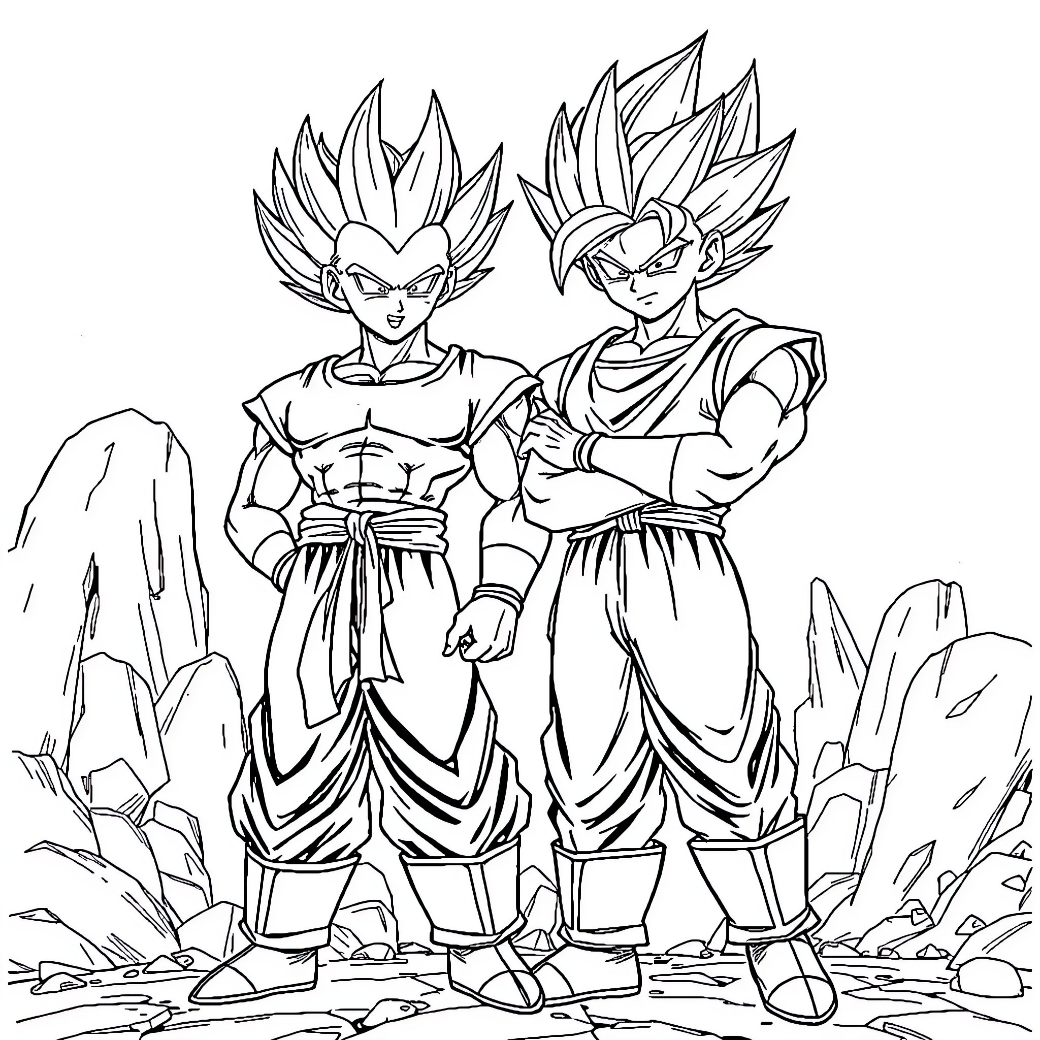 Sangoku Warriors Standing Tall in Heroic Poses Coloring Page (free black-and-white line drawing printable PDF for all, from beginners to advanced learners, including children, teens, adults, and seniors)