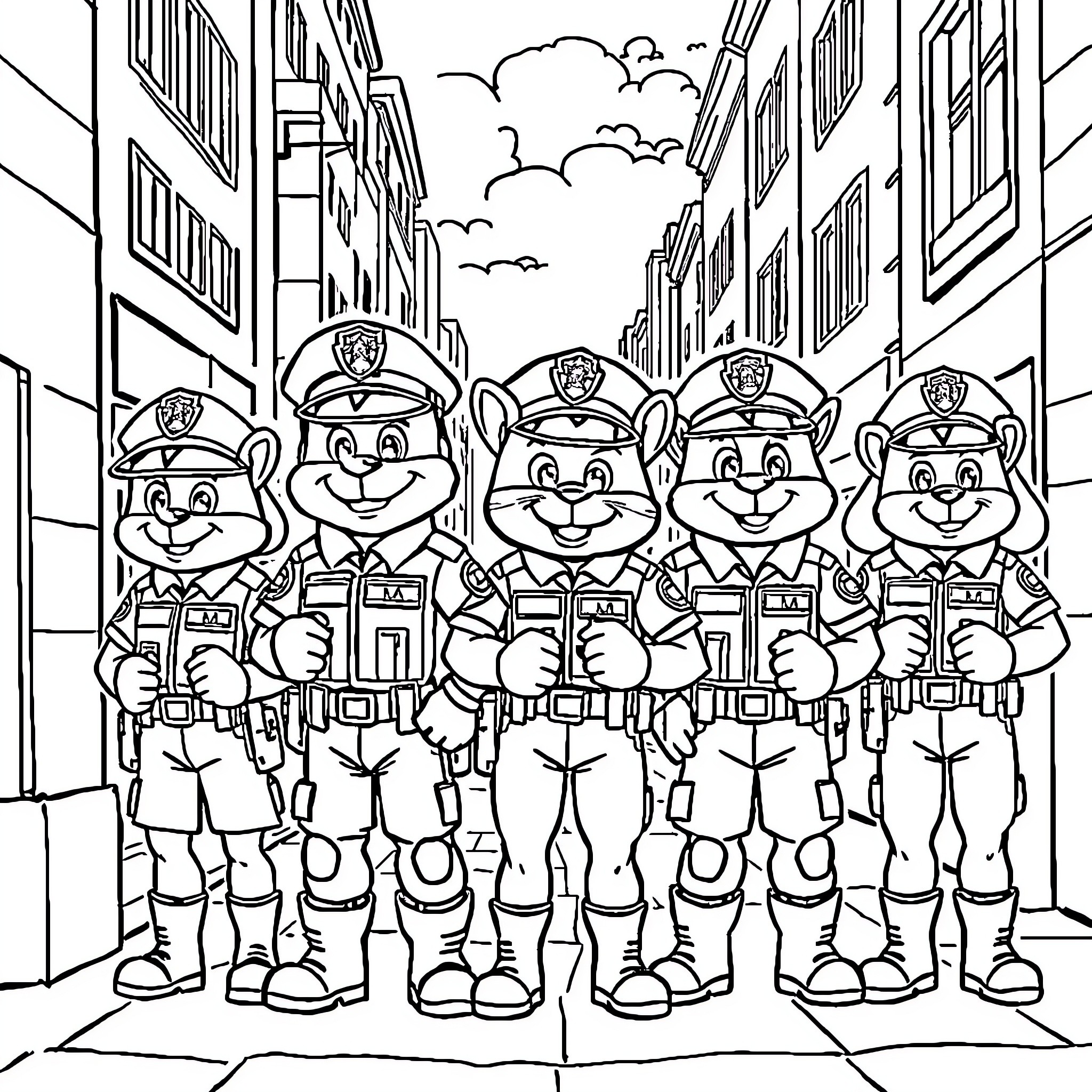 Paw Patrol team in uniform on city street Coloring Page (free black-and-white line drawing printable PDF for all, from beginners to advanced learners, including children, teens, adults, and seniors)