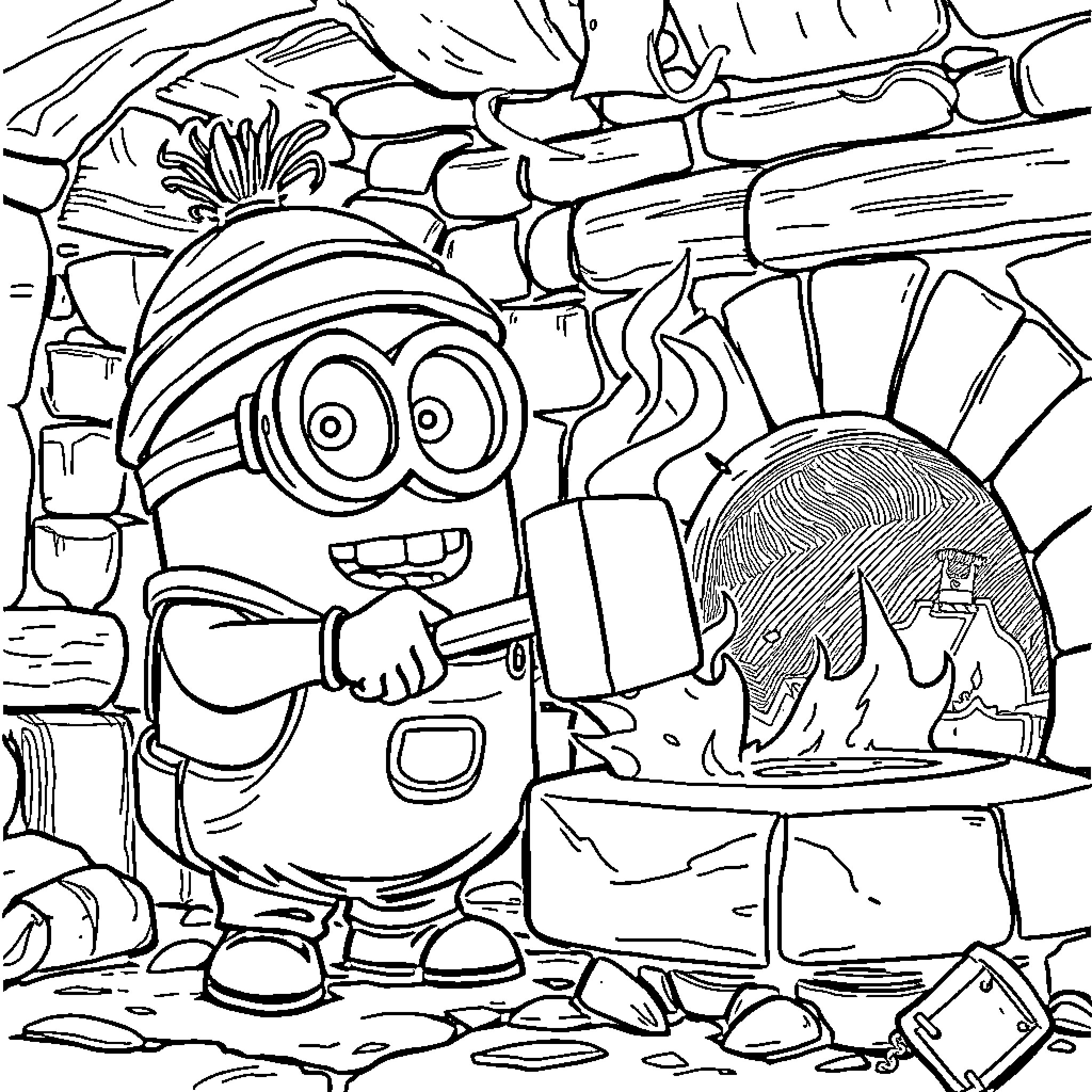 Minion Enjoying Campfire Adventure Coloring Page (free black-and-white line drawing printable PDF for all, from beginners to advanced learners, including children, teens, adults, and seniors)