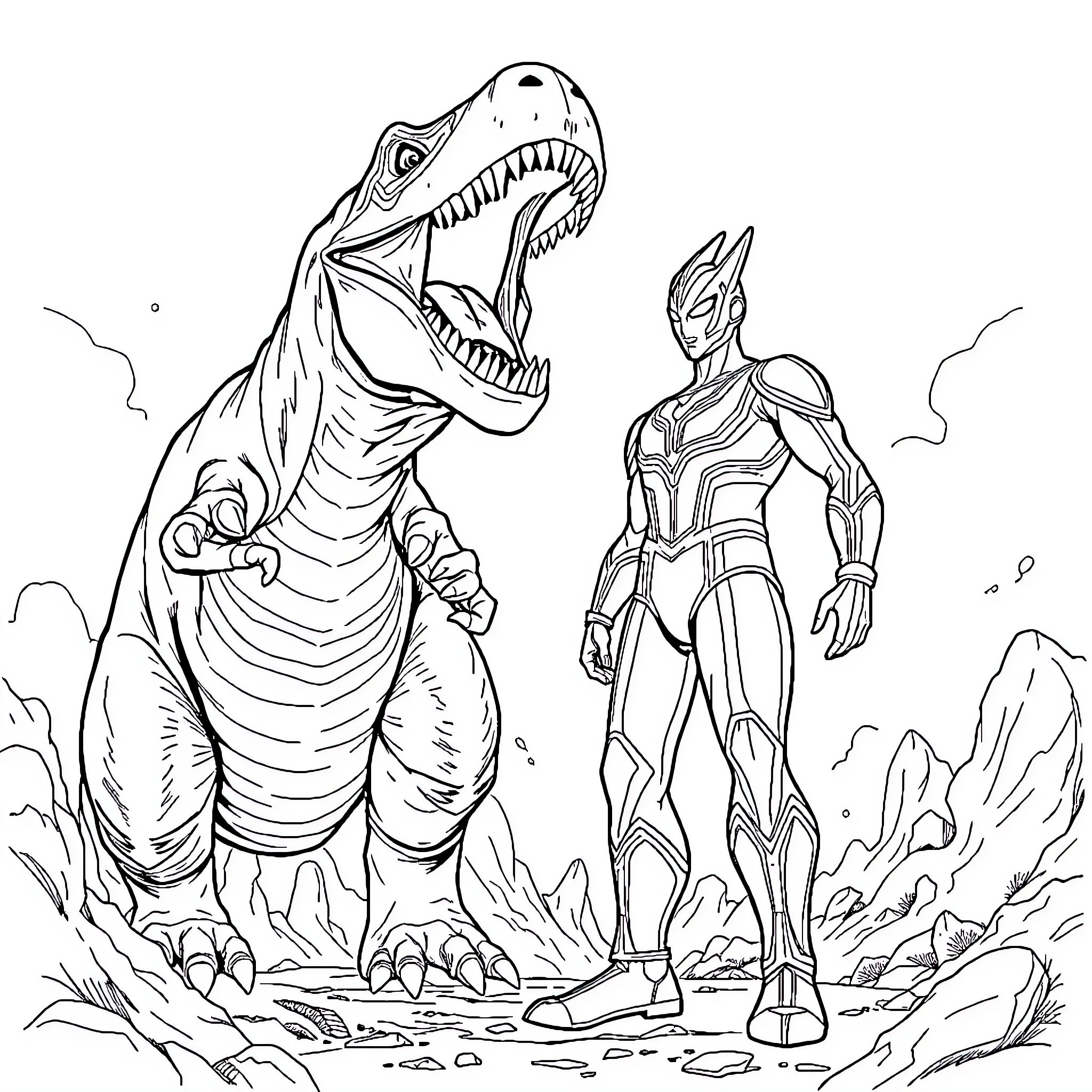Dinosaur encounters a heroic figure in a rocky landscape Coloring Page (free black-and-white line drawing printable PDF for all, from beginners to advanced learners, including children, teens, adults, and seniors)