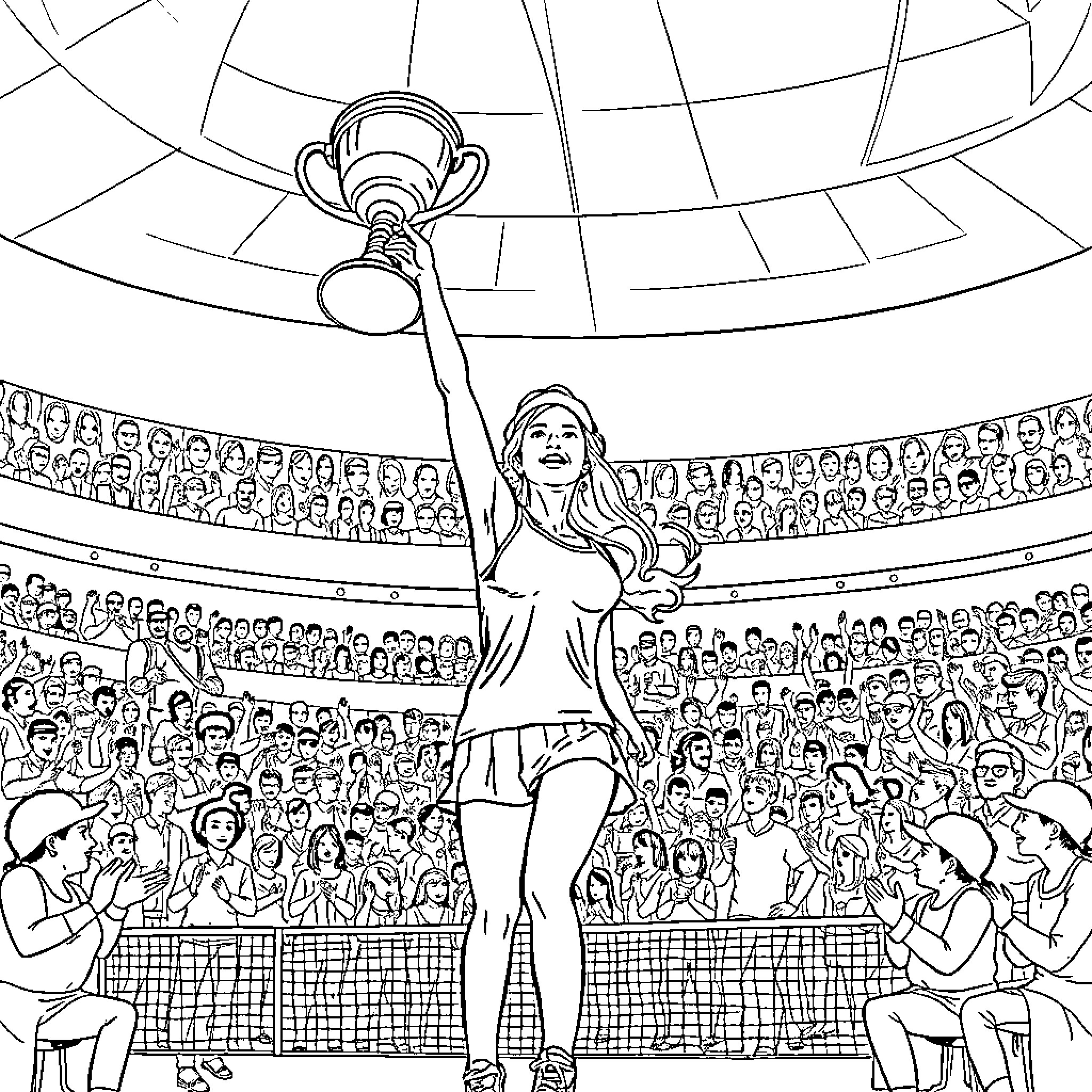 Tenista celebrating victory in a tennis tournament Coloring Page (free black-and-white line drawing printable PDF for all, from beginners to advanced learners, including children, teens, adults, and seniors)