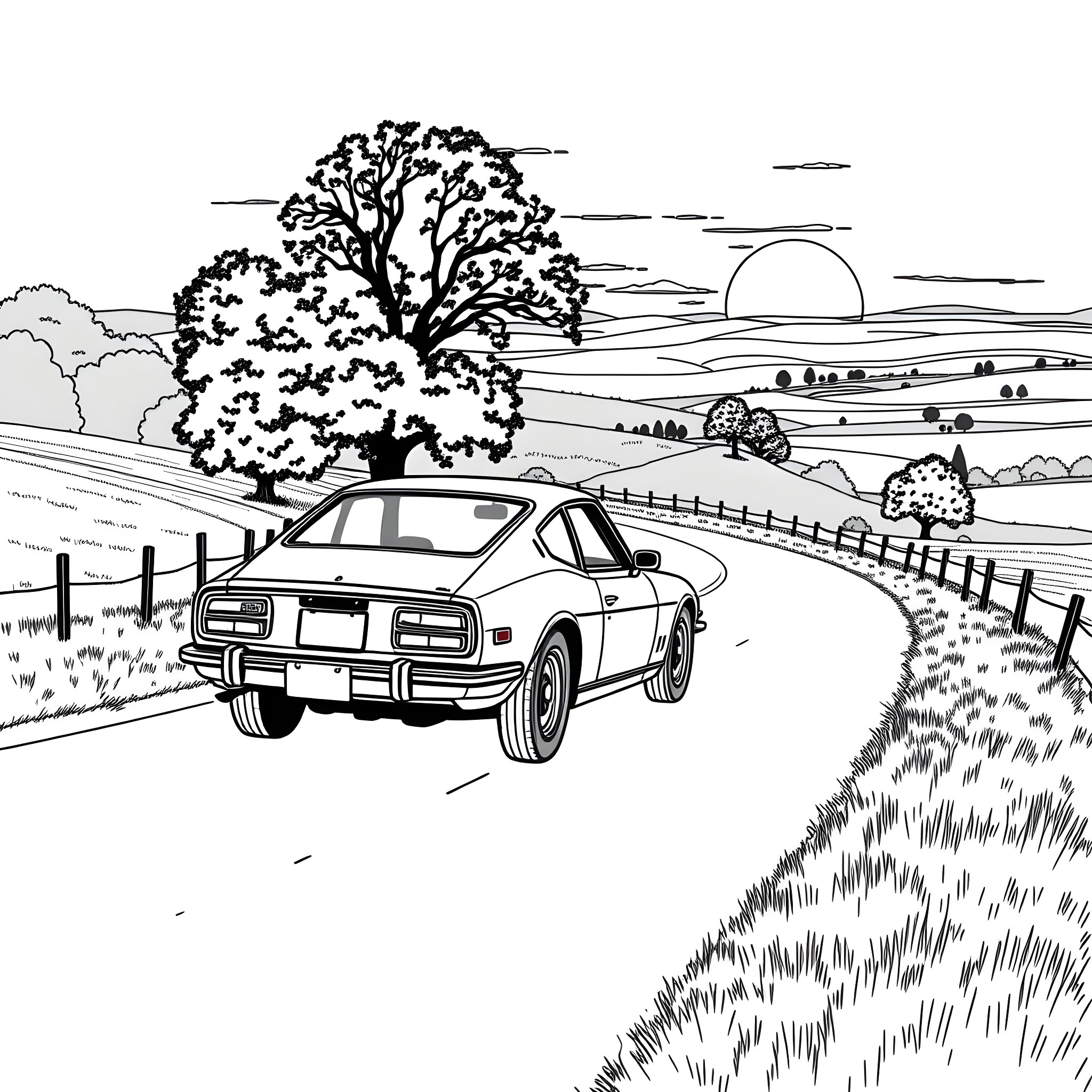 Datsun car driving through scenic countryside landscape Coloring Page (free black-and-white line drawing printable PDF for all, from beginners to advanced learners, including children, teens, adults, and seniors)