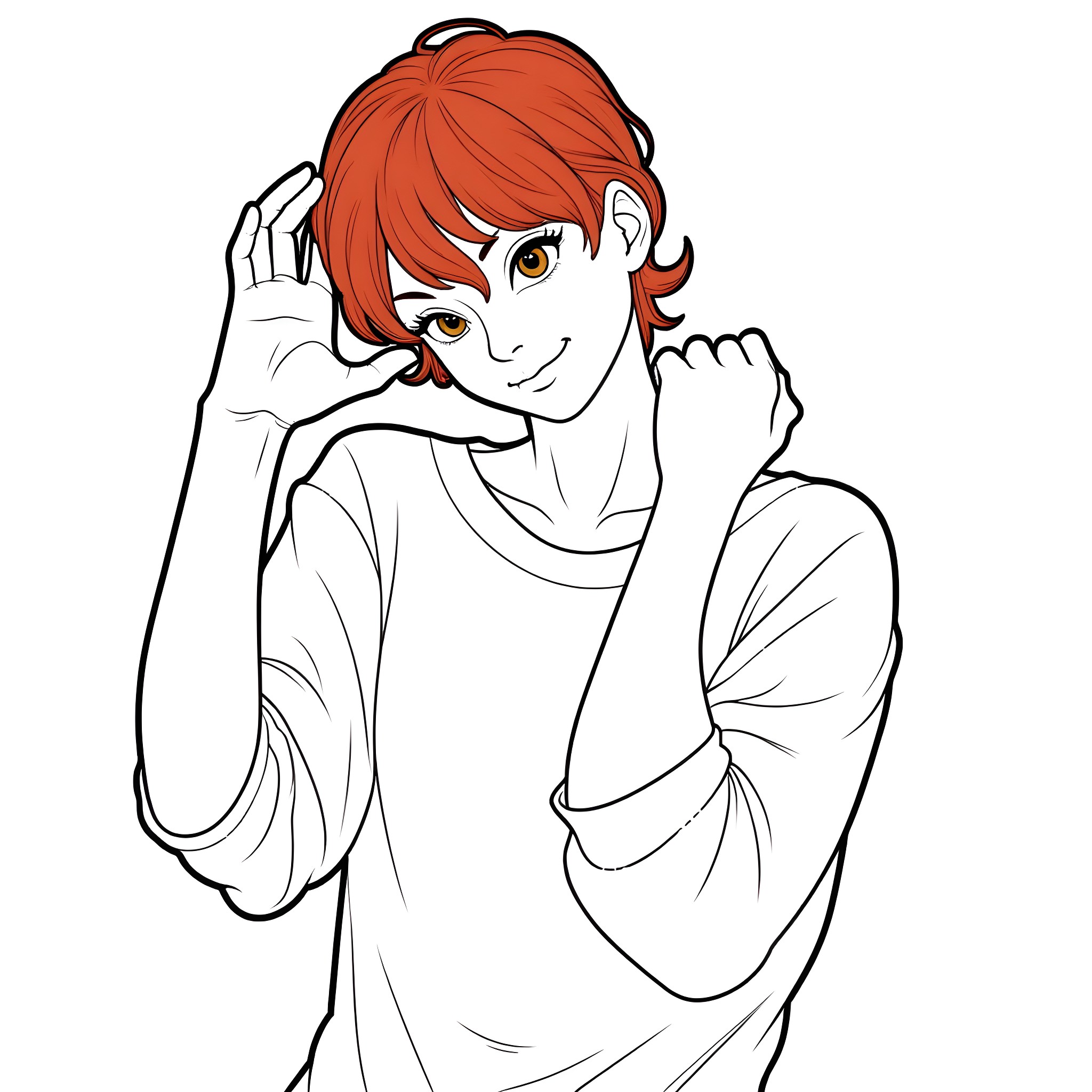 Redhead in casual pose with thoughtful expression Coloring Page (free black-and-white line drawing printable PDF for all, from beginners to advanced learners, including children, teens, adults, and seniors)