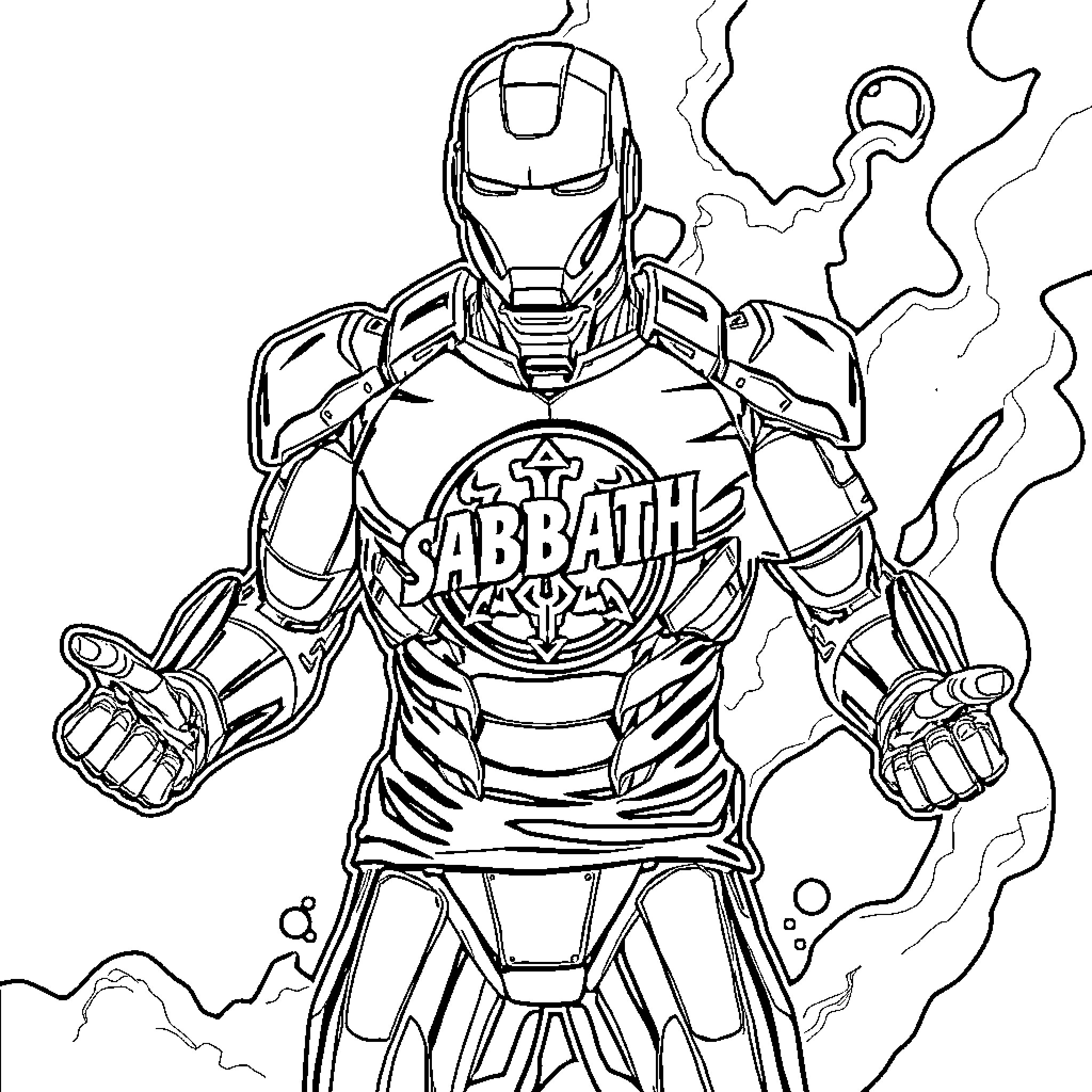 Iron Man in Sabbath Armor Unleashing Power Coloring Page (free black-and-white line drawing printable PDF for all, from beginners to advanced learners, including children, teens, adults, and seniors)