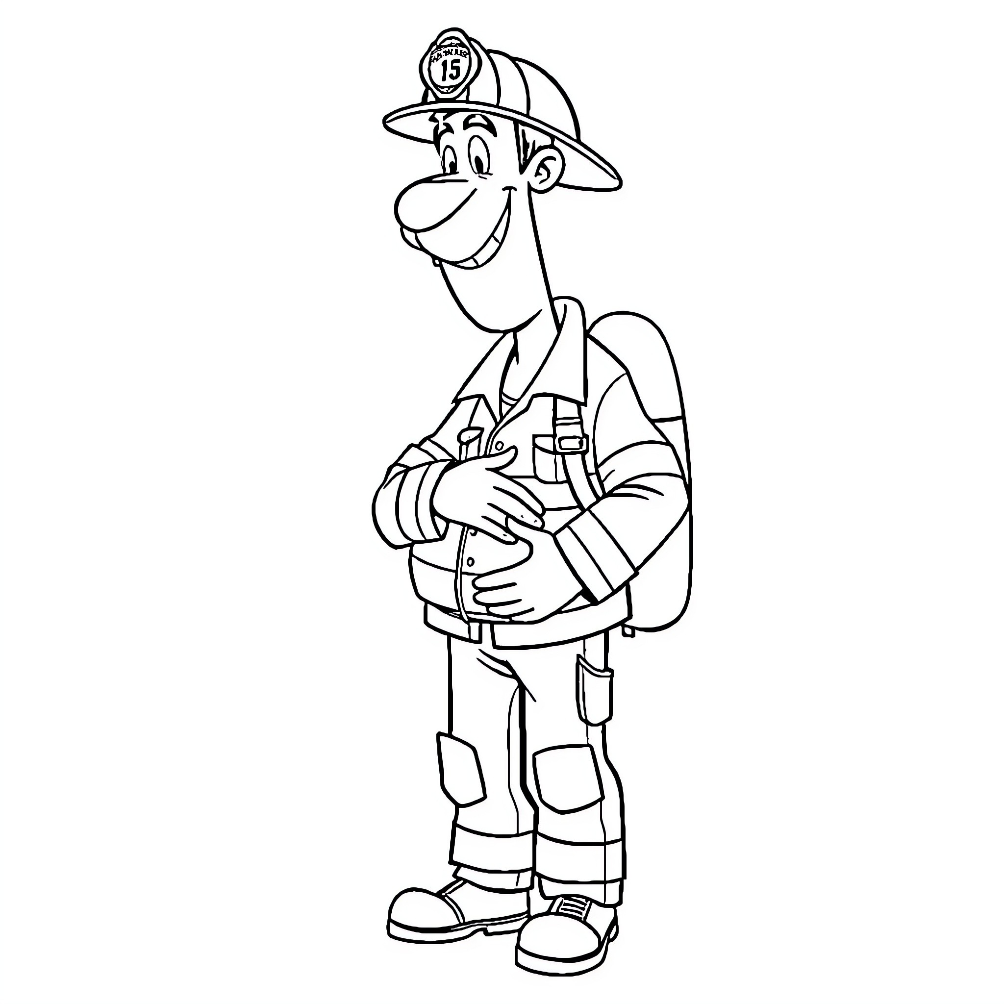 Fireman in uniform and helmet standing with confidence Coloring Page (free black-and-white line drawing printable PDF for all, from beginners to advanced learners, including children, teens, adults, and seniors)