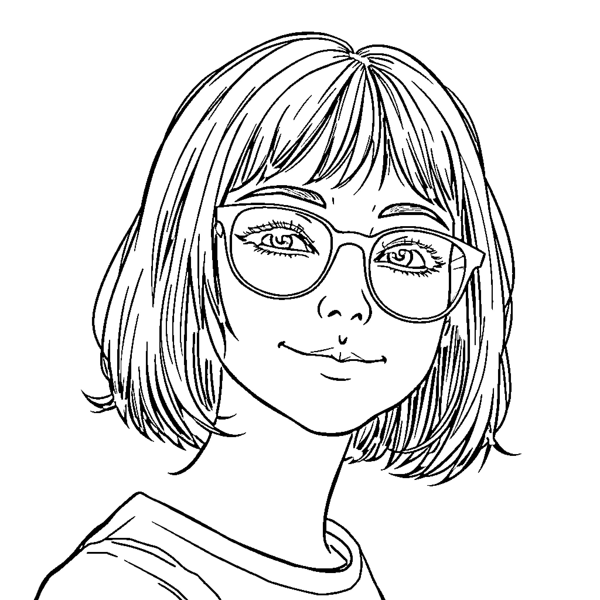 Girl with glasses smiling cheerfully Coloring Page (free black-and-white line drawing printable PDF for all, from beginners to advanced learners, including children, teens, adults, and seniors)