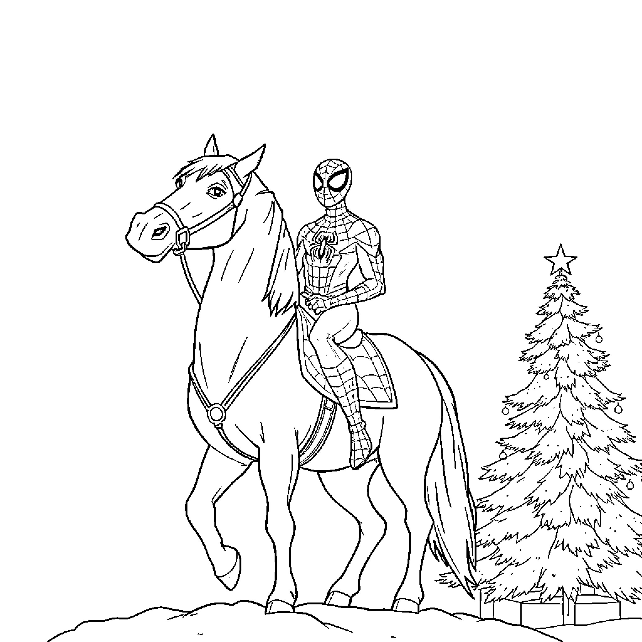 Spider-Man riding a horse in the snowy forest Coloring Page (free black-and-white line drawing printable PDF for all, from beginners to advanced learners, including children, teens, adults, and seniors)