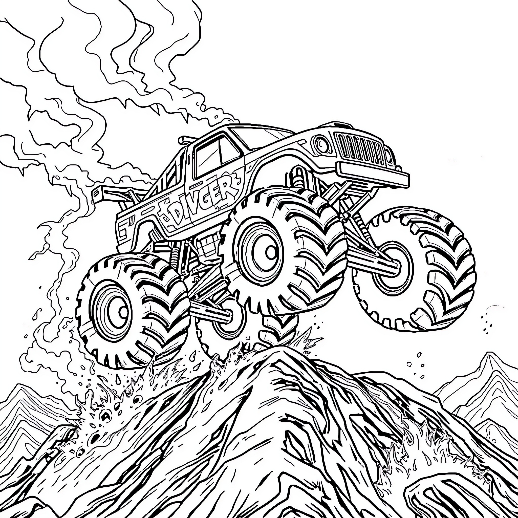 Monster Truck Jumping Over Mountains Coloring Page (free black-and-white line drawing printable PDF for all, from beginners to advanced learners, including children, teens, adults, and seniors)