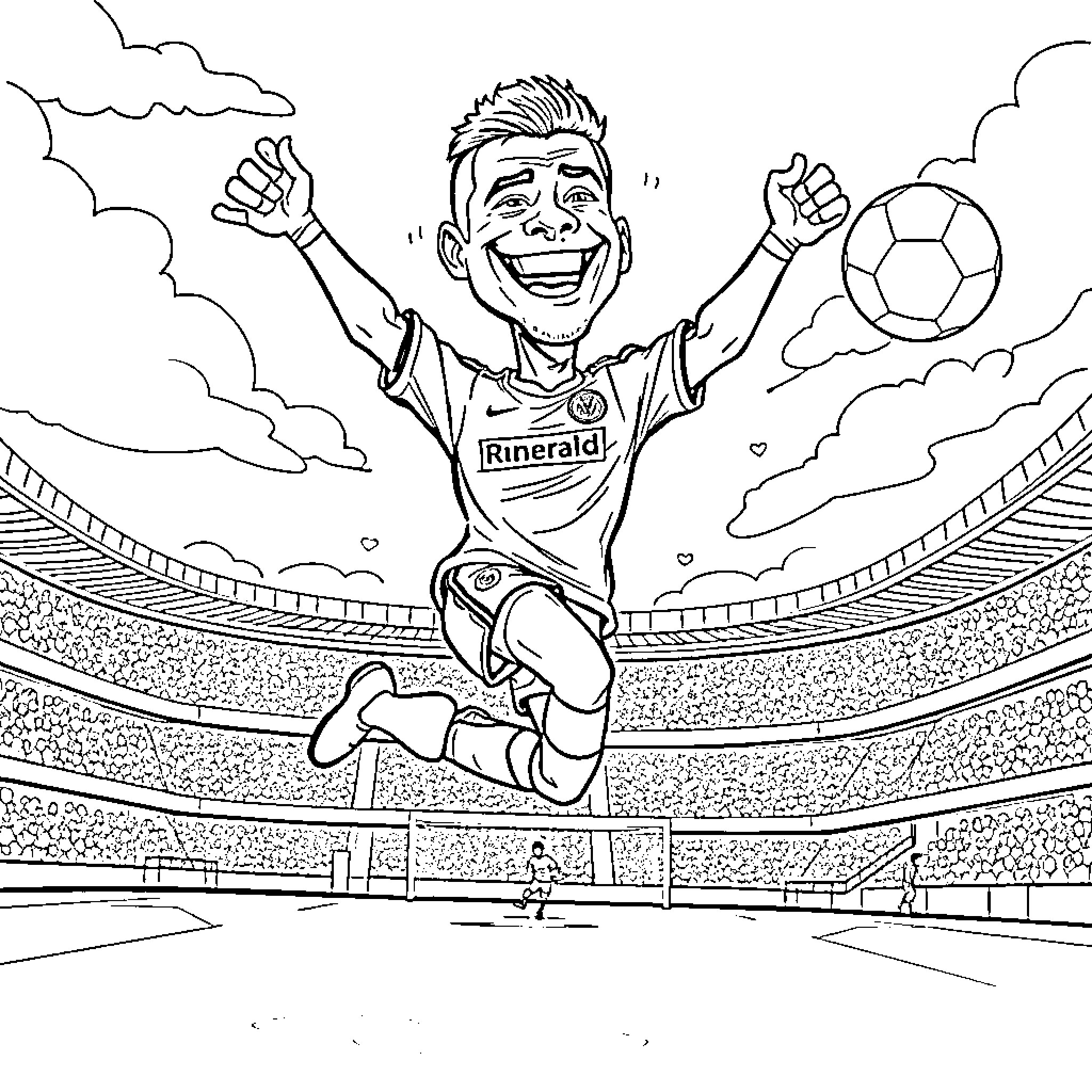 Cristiano Ronaldo celebrating a goal in a soccer stadium Coloring Page (free black-and-white line drawing printable PDF for all, from beginners to advanced learners, including children, teens, adults, and seniors)