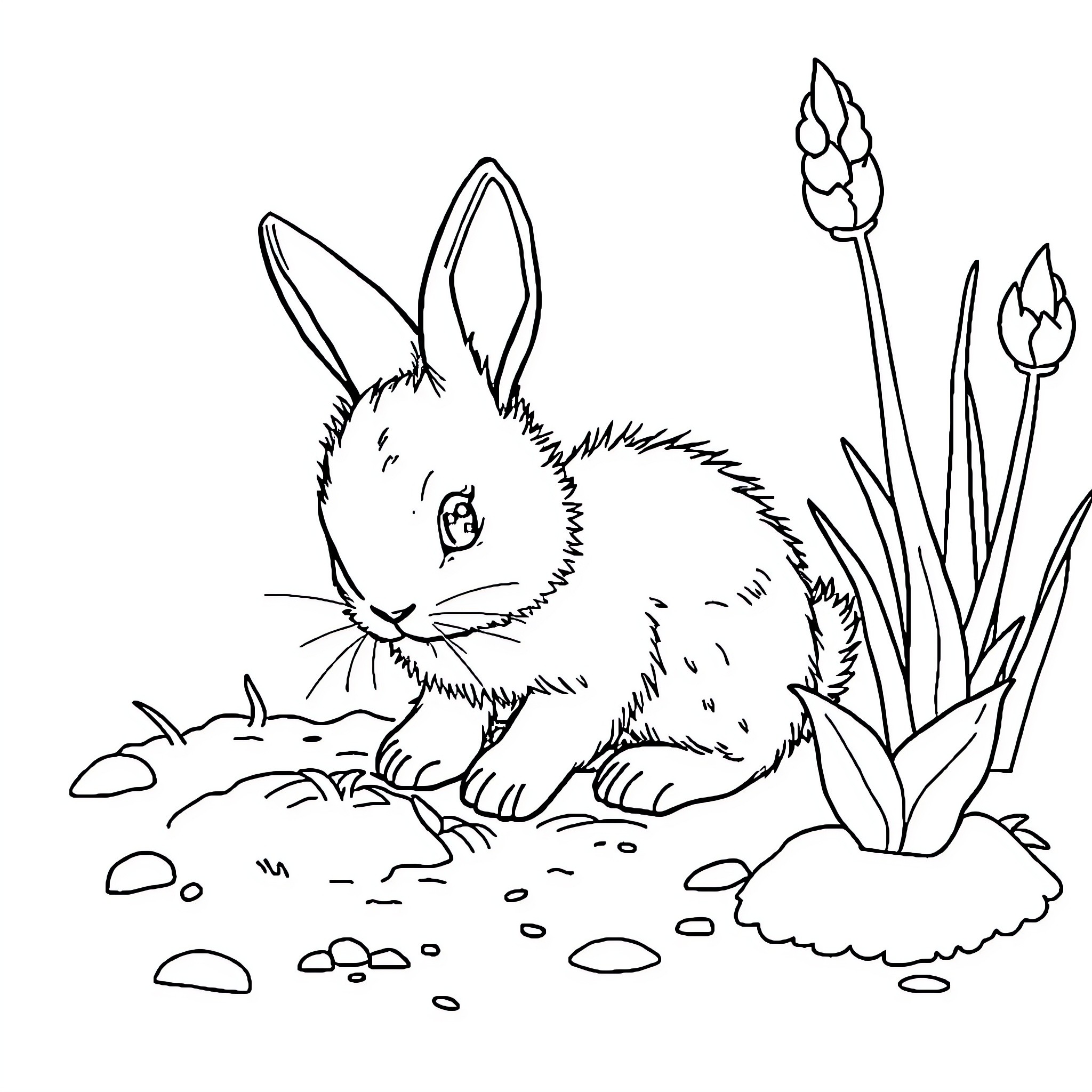 Bunny enjoying nature's tranquility Coloring Page (free black-and-white line drawing printable PDF for all, from beginners to advanced learners, including children, teens, adults, and seniors)