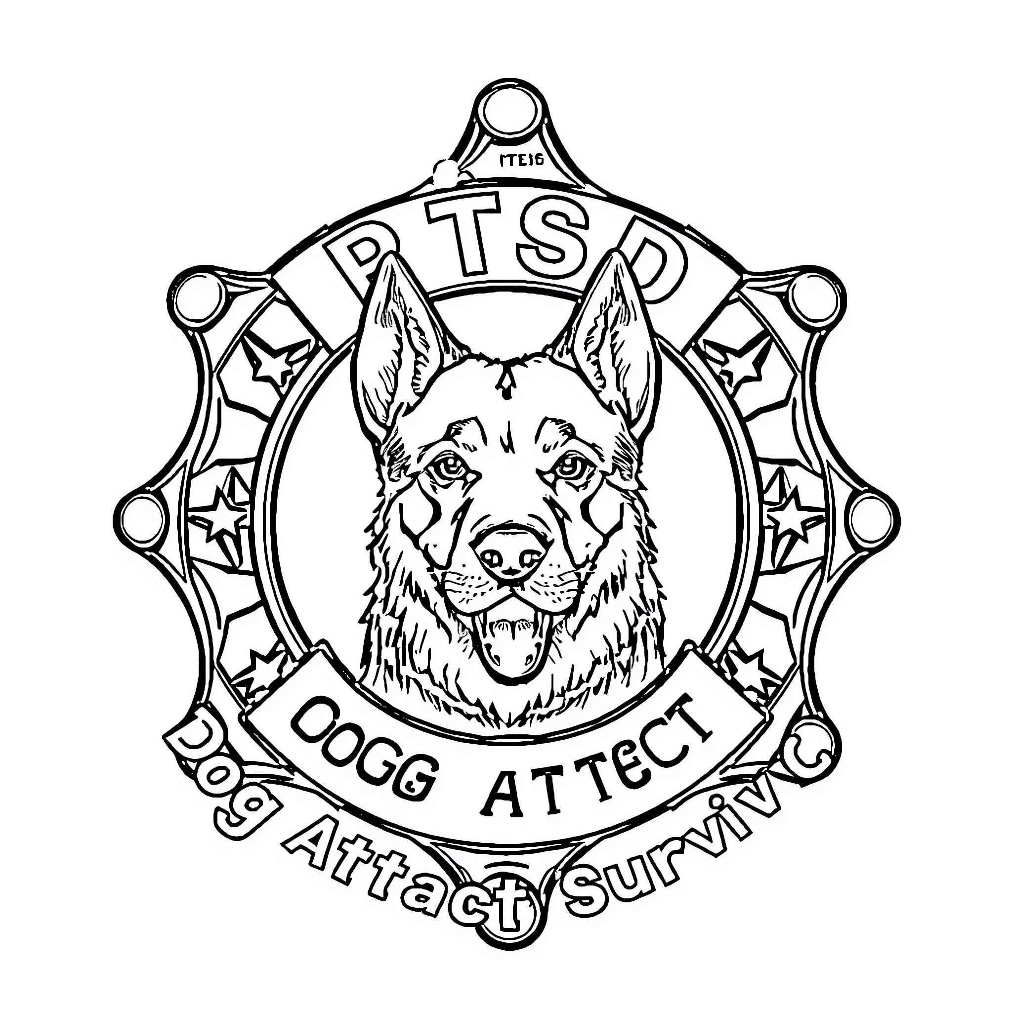 Sheriff Badge with Dog Attract Serving Motto Coloring Page (free black-and-white line drawing printable PDF for all, from beginners to advanced learners, including children, teens, adults, and seniors)