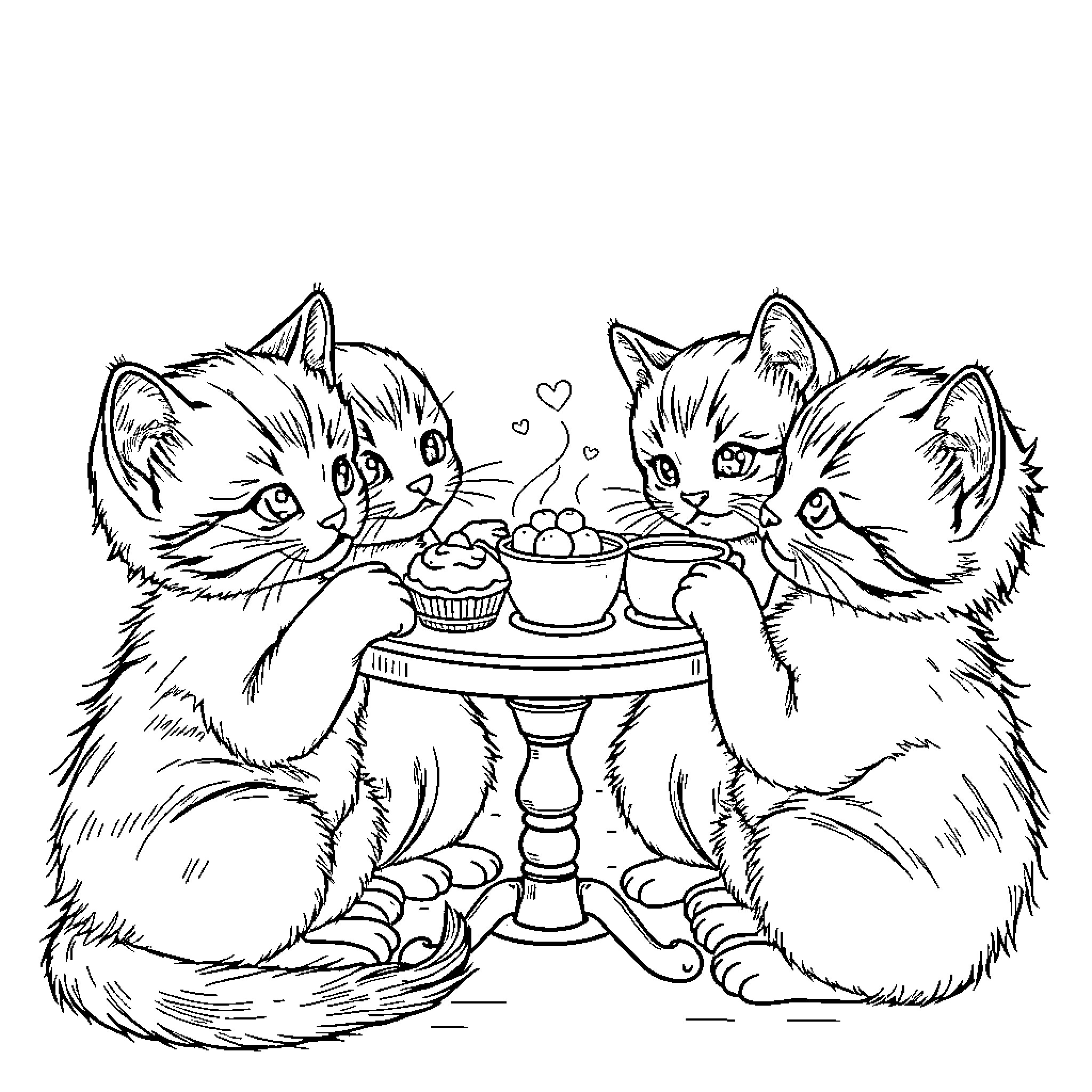 Kittens enjoying a cozy tea party Coloring Page (free black-and-white line drawing printable PDF for all, from beginners to advanced learners, including children, teens, adults, and seniors)