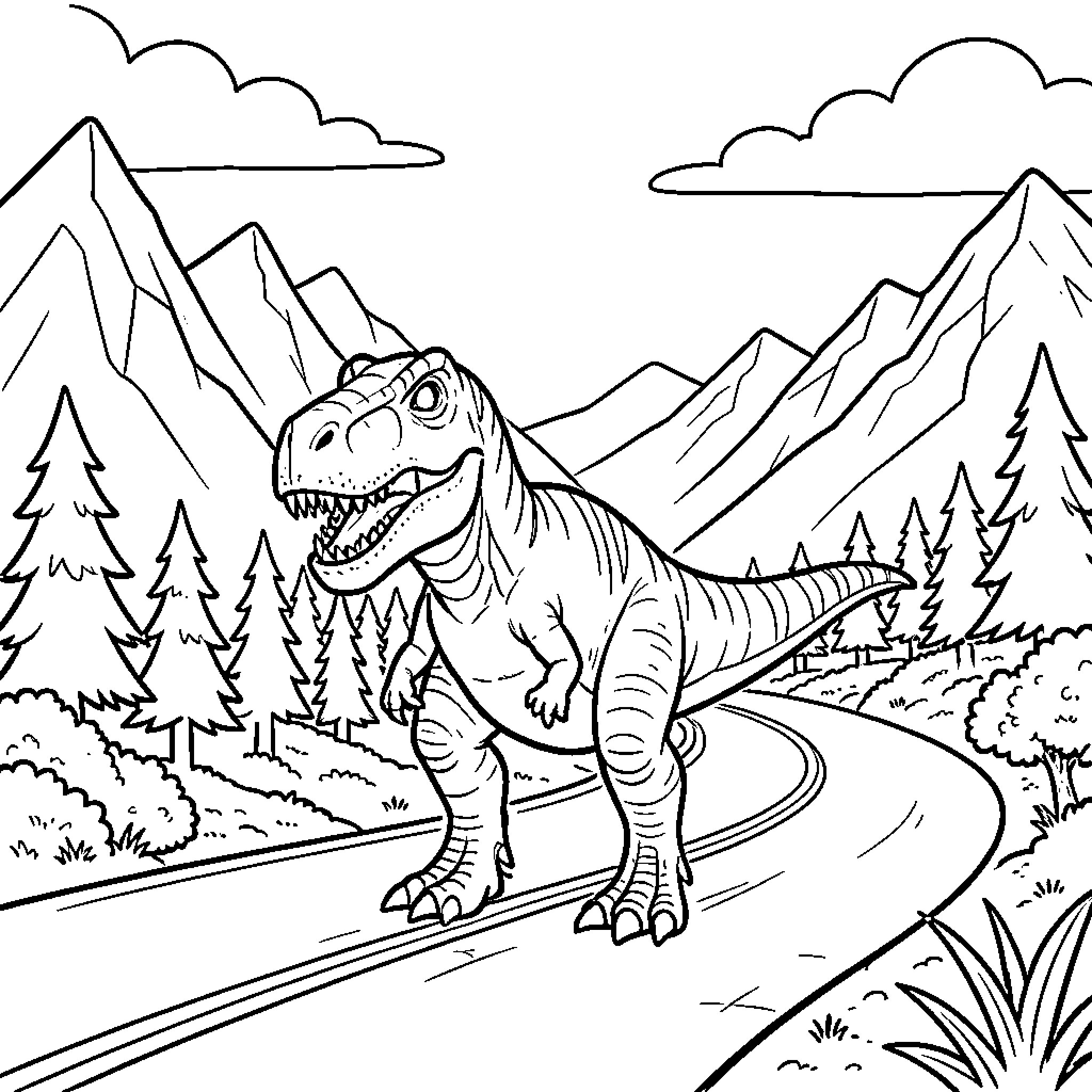 Dinosaur walking along a winding road through mountains Coloring Page (free black-and-white line drawing printable PDF for all, from beginners to advanced learners, including children, teens, adults, and seniors)