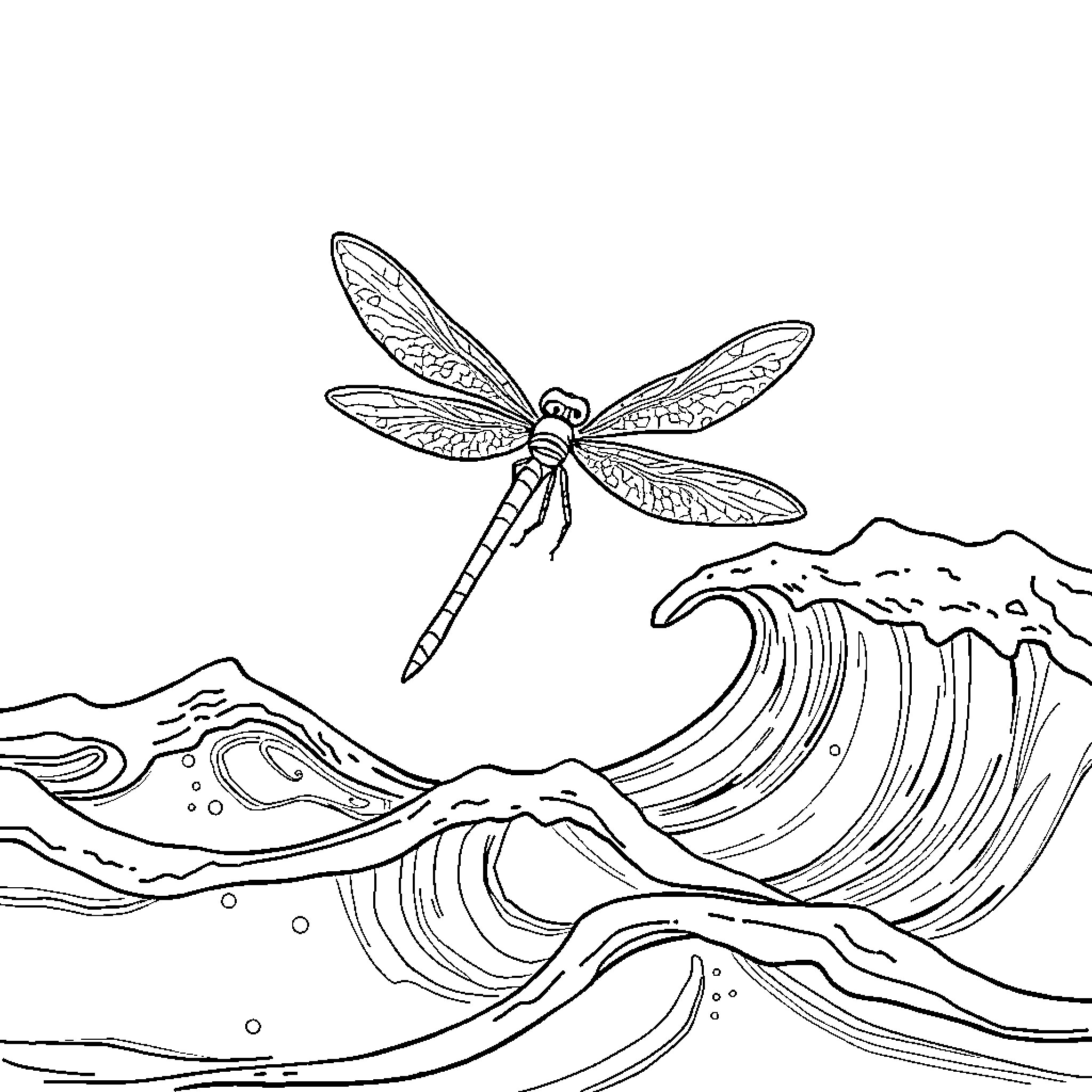 Dragonfly soaring over a serene landscape Coloring Page (free black-and-white line drawing printable PDF for all, from beginners to advanced learners, including children, teens, adults, and seniors)