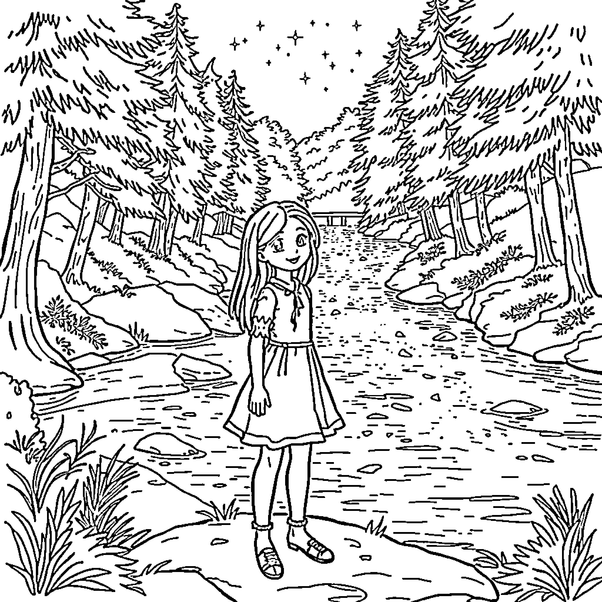 Brooke explores the enchanted forest Coloring Page (free black-and-white line drawing printable PDF for all, from beginners to advanced learners, including children, teens, adults, and seniors)