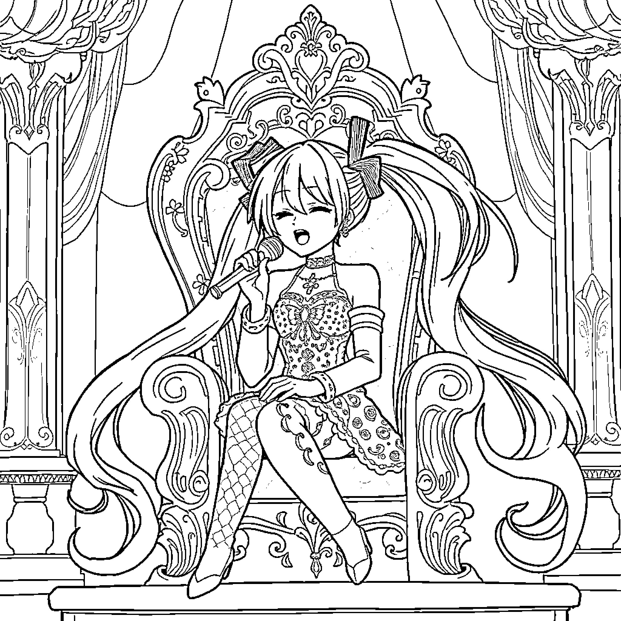 Hatsune Miku performing on an ornate stage Coloring Page (free black-and-white line drawing printable PDF for all, from beginners to advanced learners, including children, teens, adults, and seniors)