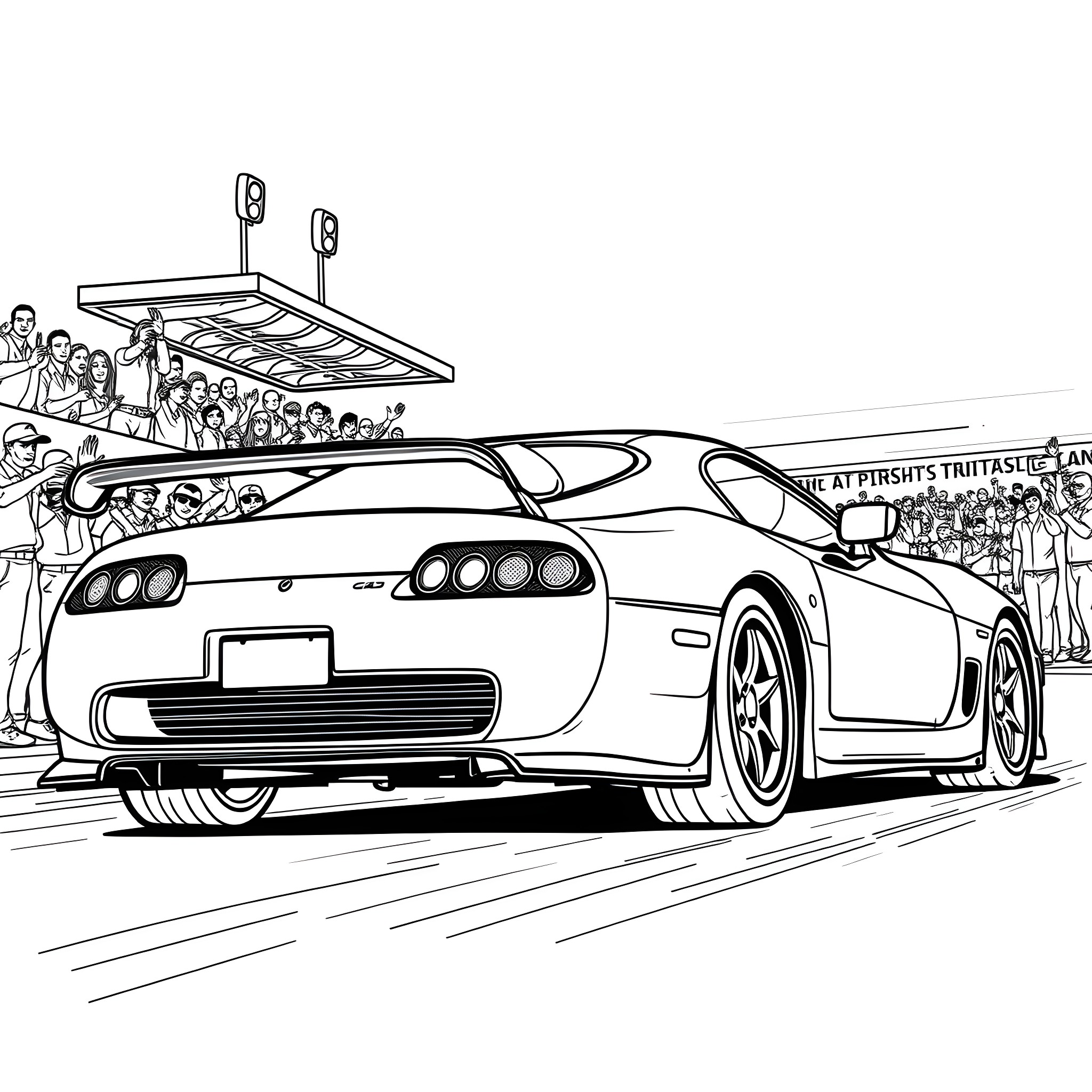 Supra racing on the track with cheering crowd Coloring Page (free black-and-white line drawing printable PDF for all, from beginners to advanced learners, including children, teens, adults, and seniors)