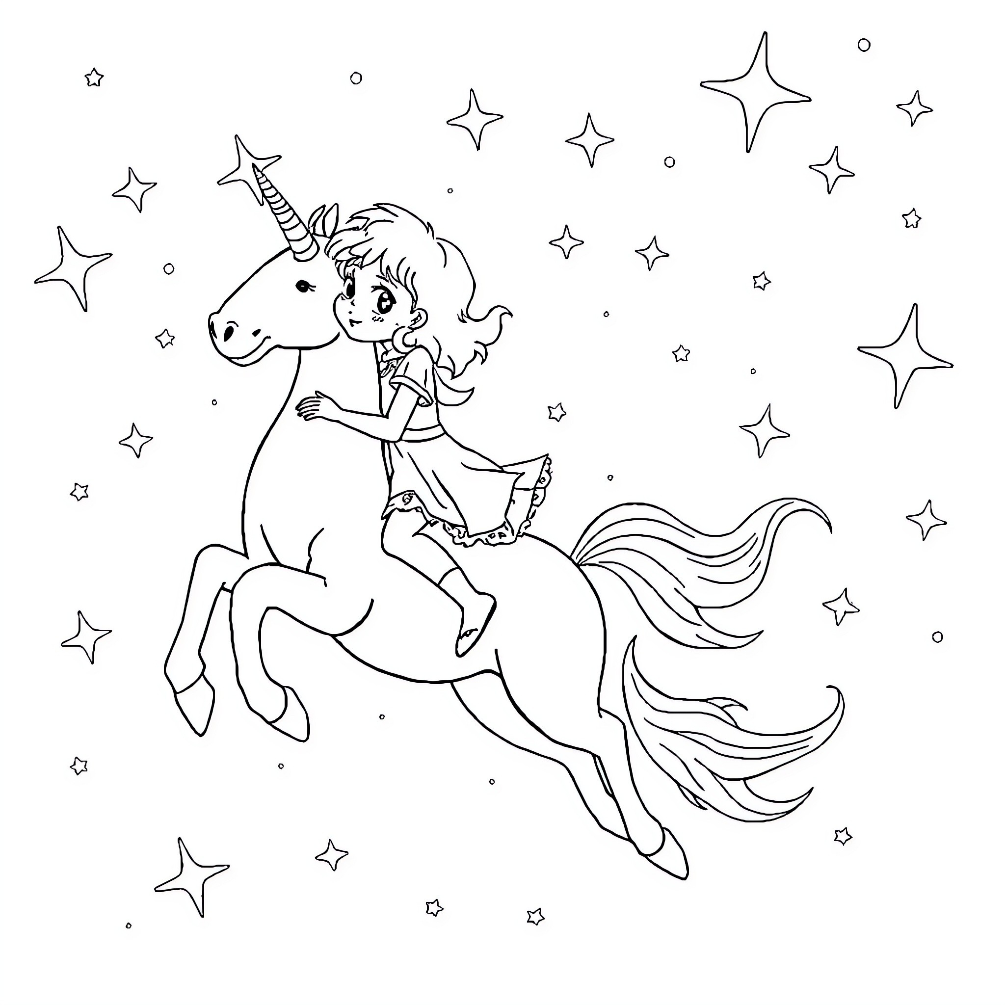 Unicorn and girl riding through the starry sky Coloring Page (free black-and-white line drawing printable PDF for all, from beginners to advanced learners, including children, teens, adults, and seniors)