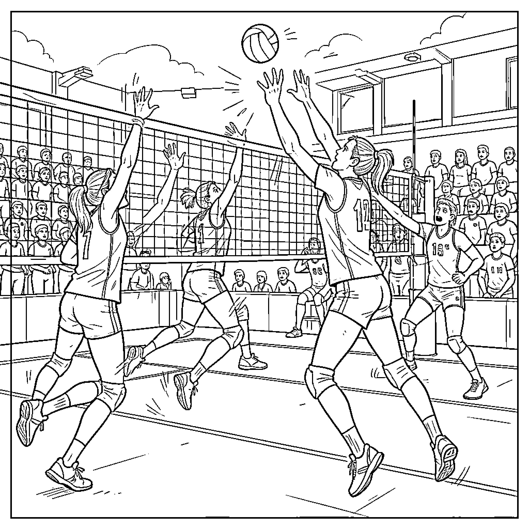 Haikyuu volleyball players jumping to spike the ball Coloring Page (free black-and-white line drawing printable PDF for all, from beginners to advanced learners, including children, teens, adults, and seniors)