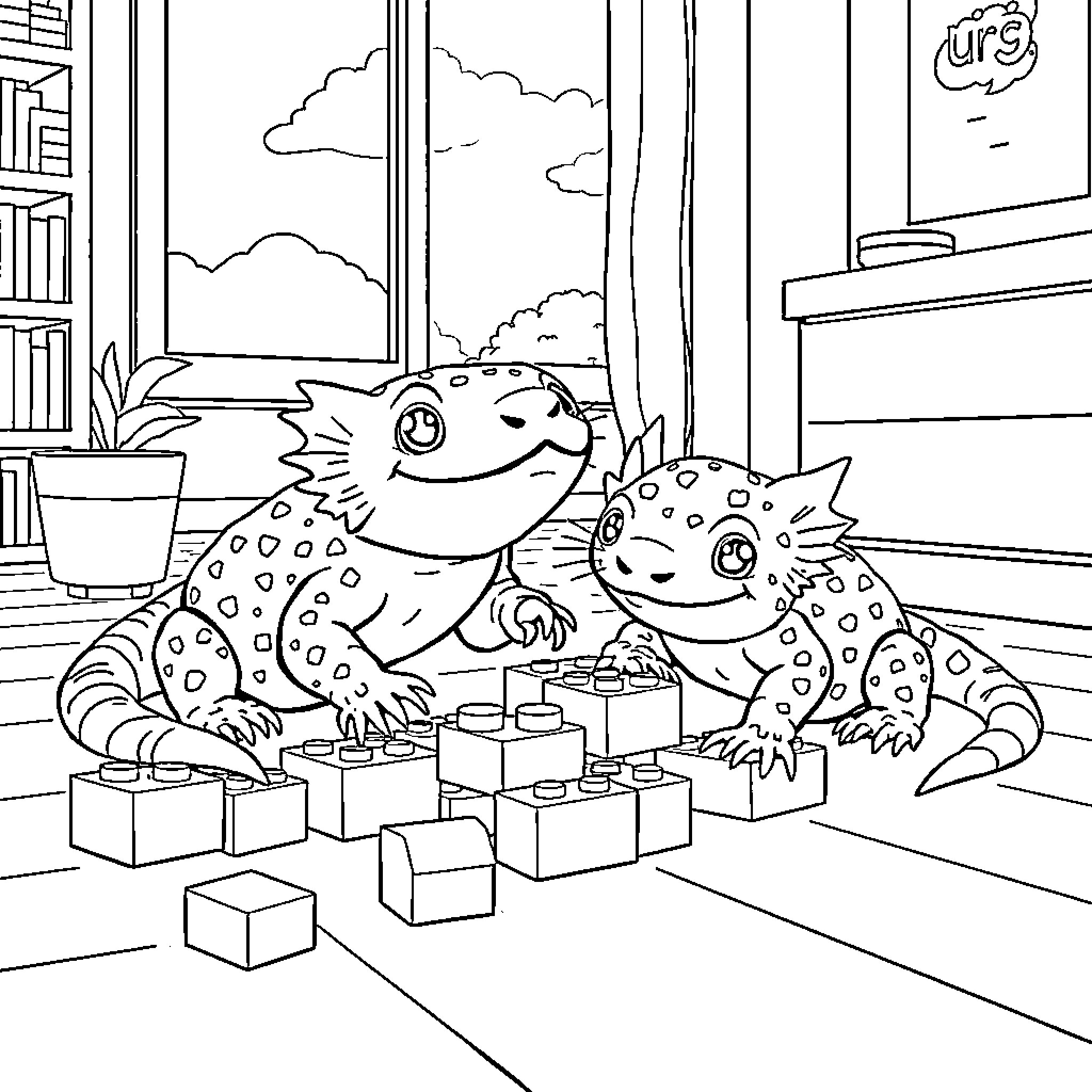 Axolotl Siblings Playing with Blocks Coloring Page (free black-and-white line drawing printable PDF for all, from beginners to advanced learners, including children, teens, adults, and seniors)