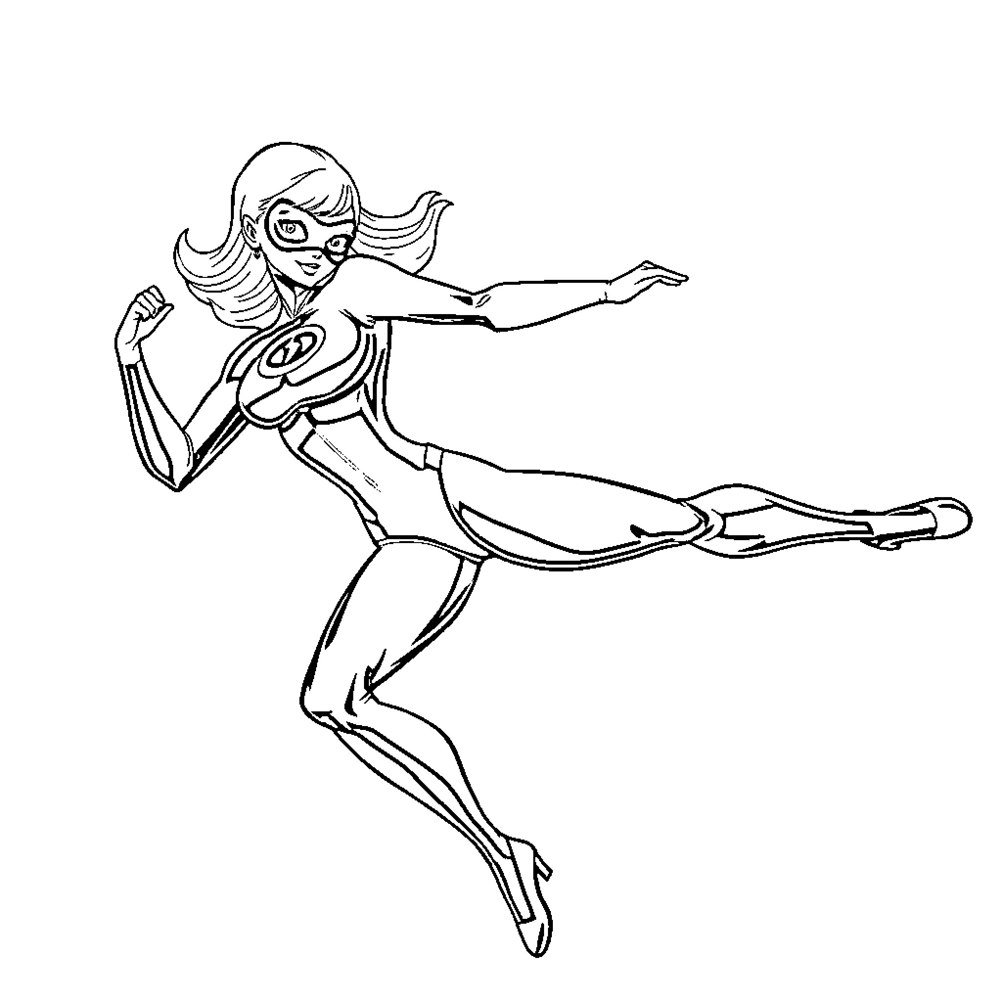 Elastigirl in dynamic superhero pose Coloring Page (free black-and-white line drawing printable PDF for all, from beginners to advanced learners, including children, teens, adults, and seniors)